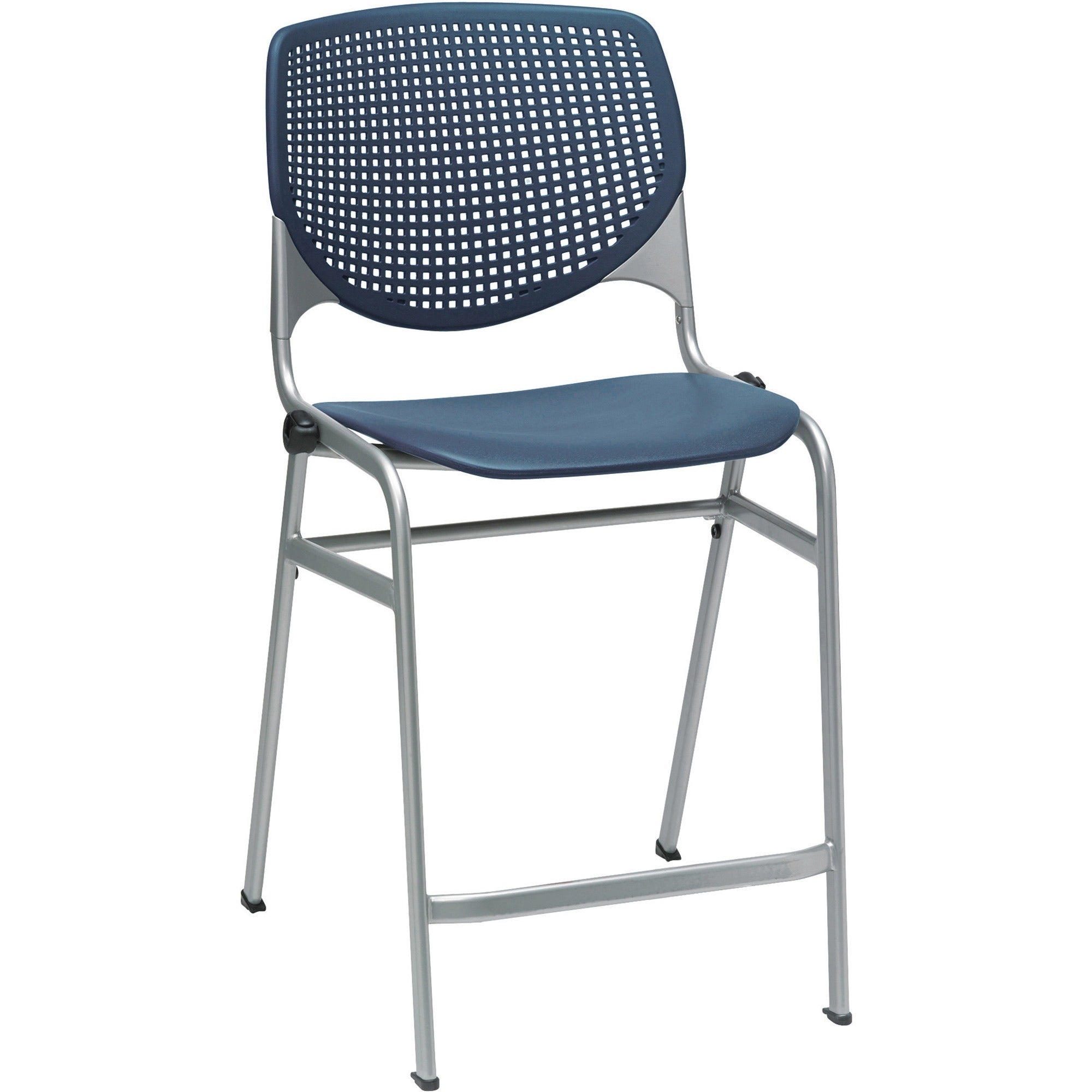 KFI Kool Counter-Height Stackable Stool - Navy Seat Color - Polypropylene Seat Material - Navy Back Color - Polypropylene, Aluminum Alloy Back Material - Powder Coated Silver Frame Color - Cold Rolled Steel Frame Material - Four-legged Base - 1 Each
