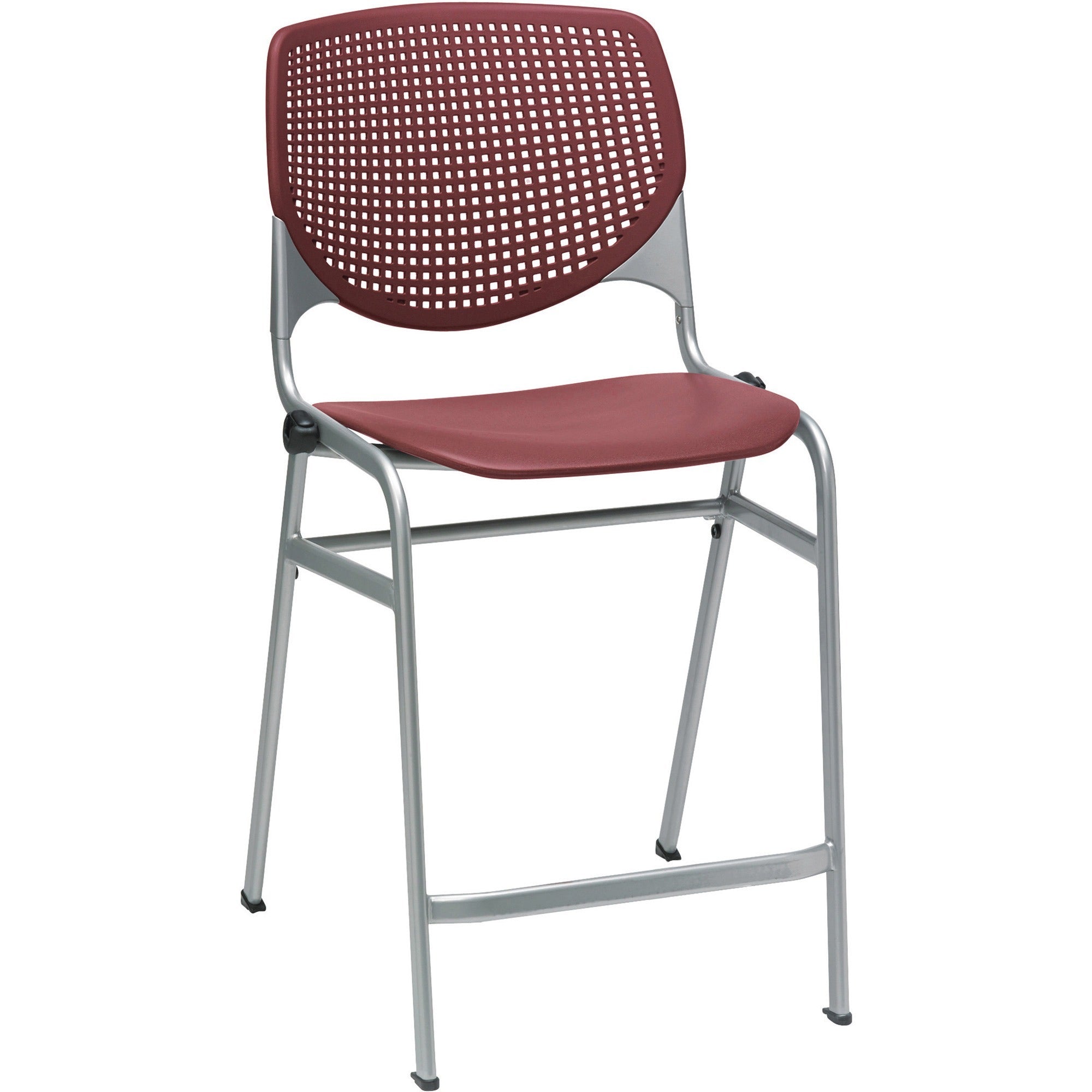 KFI Kool Counter-Height Stackable Stool, Burgundy Polypropylene Seat and Back, Powder Coated Silver Cold Rolled Steel Frame, Four-Legged Base, 1 Each