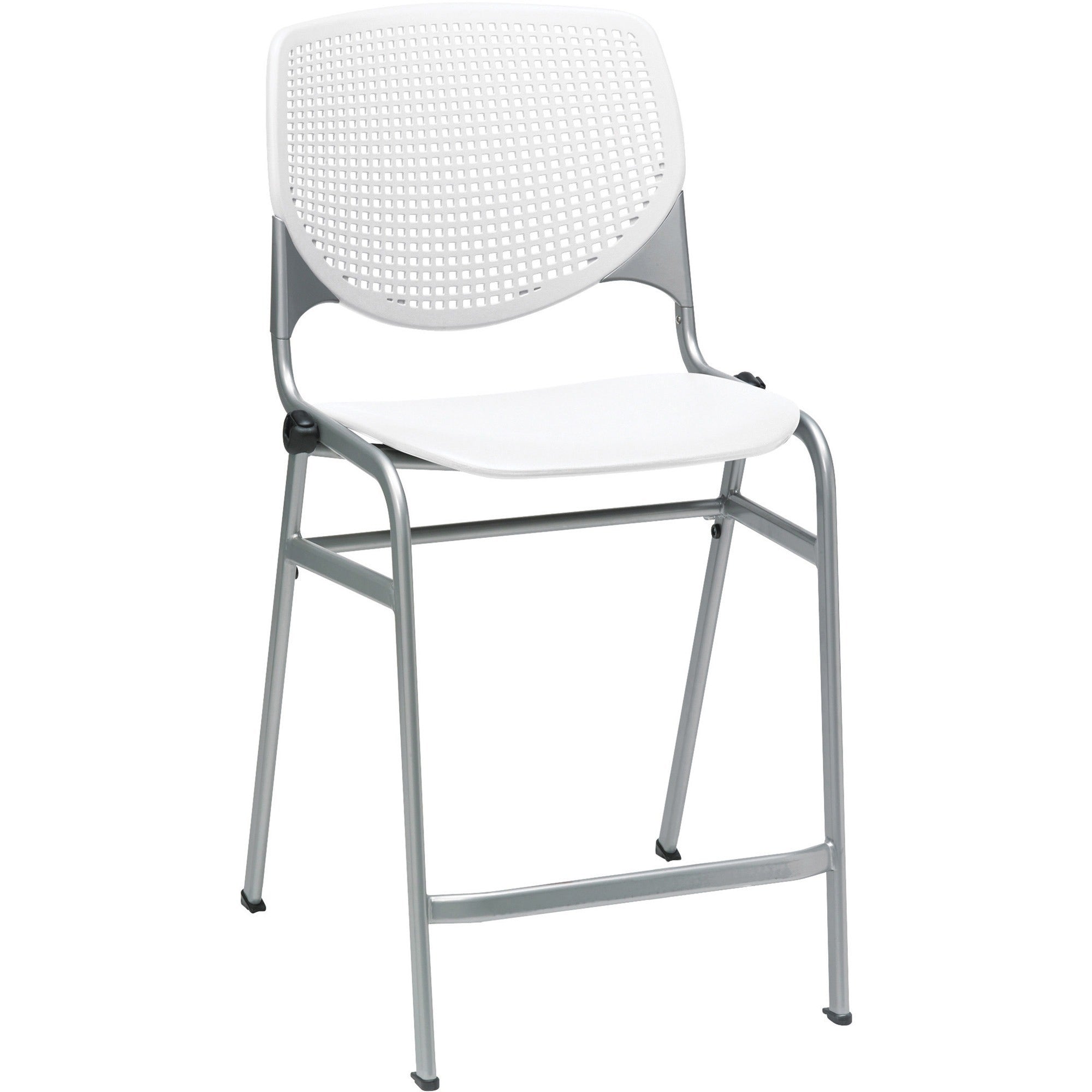 KFI Kool Counter-Height Stackable Stool, White Polypropylene Seat and Back, Powder Coated Silver Cold Rolled Steel Frame, Four-Legged Base, 1 Each
