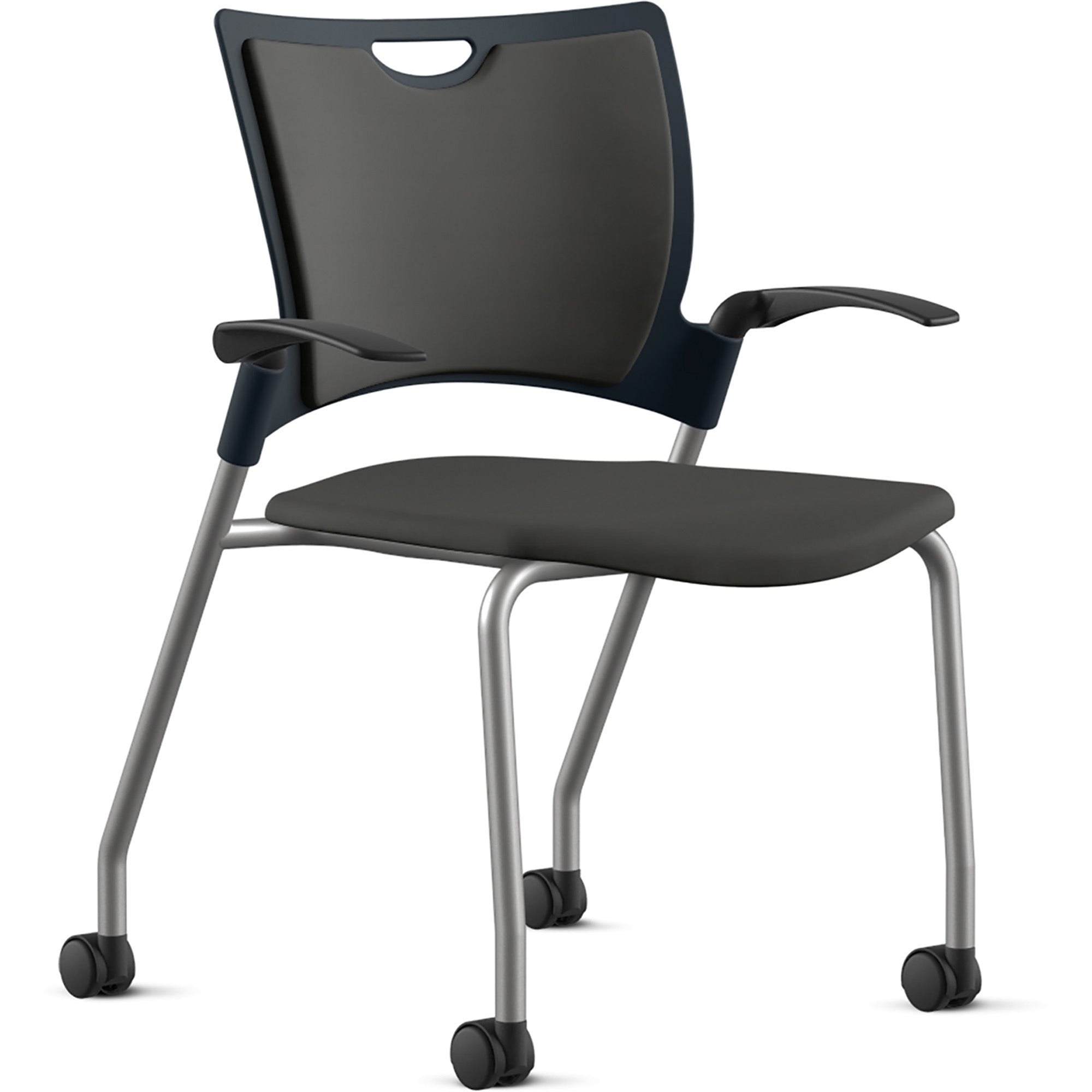 9 to 5 Seating Bella Fabric Seat Mobile Stack Chair - Fabric, Foam, Plastic Seat Material - Fabric, Plastic, Foam Back Material - Powder Coated, Silver Frame Color - Four-legged Base - Onyx - 1 Each