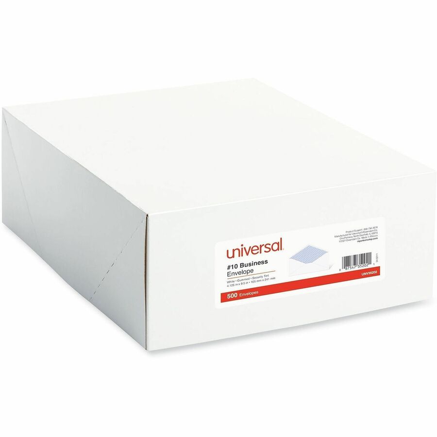 Universal #10 Business Envelopes, 9 1/2" x 4 1/10", 24 lb, Gummed, White, Paper Stock, 500/Box