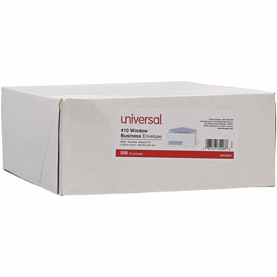 Universal Envelope, #10, 9 1/2" x 4 1/10", 24 lb, Gummed, White, Paper Stock, Security Tint, 500/Box