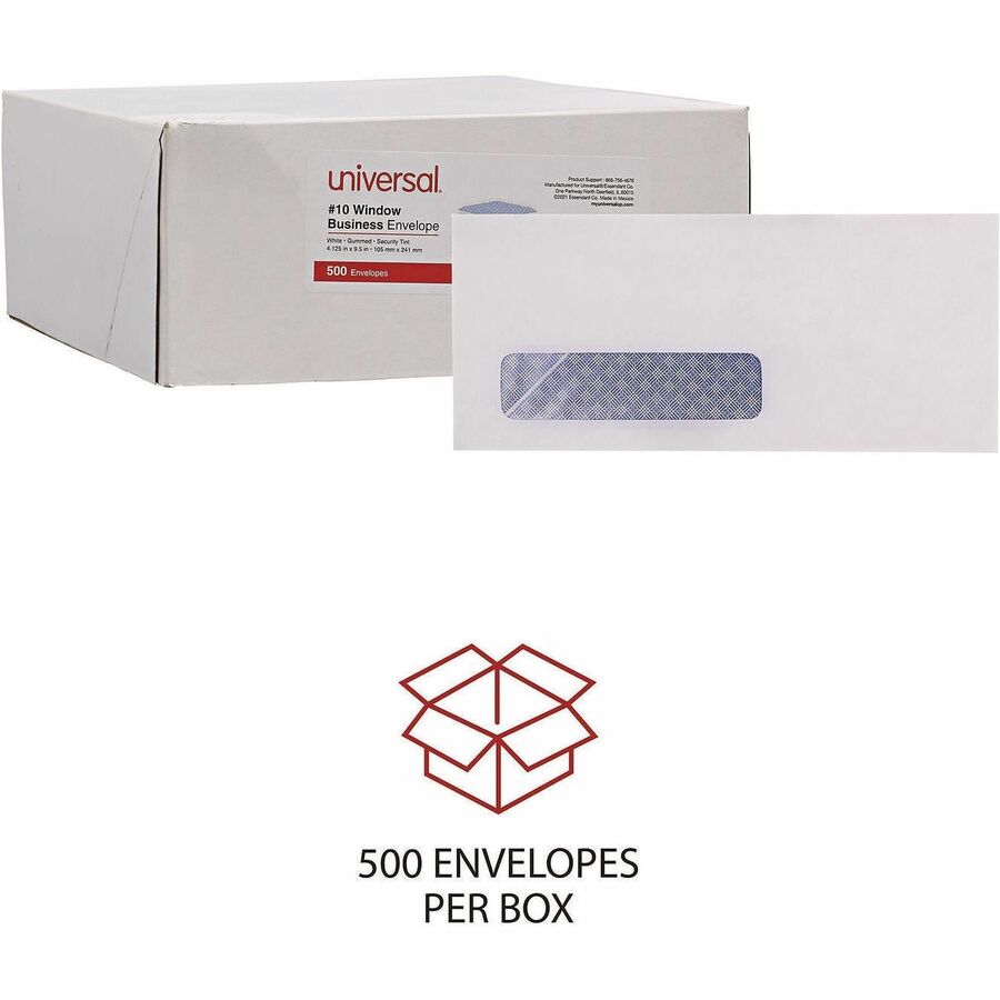 Universal Envelope, #10, 9 1/2" x 4 1/10", 24 lb, Gummed, White, Paper Stock, Security Tint, 500/Box