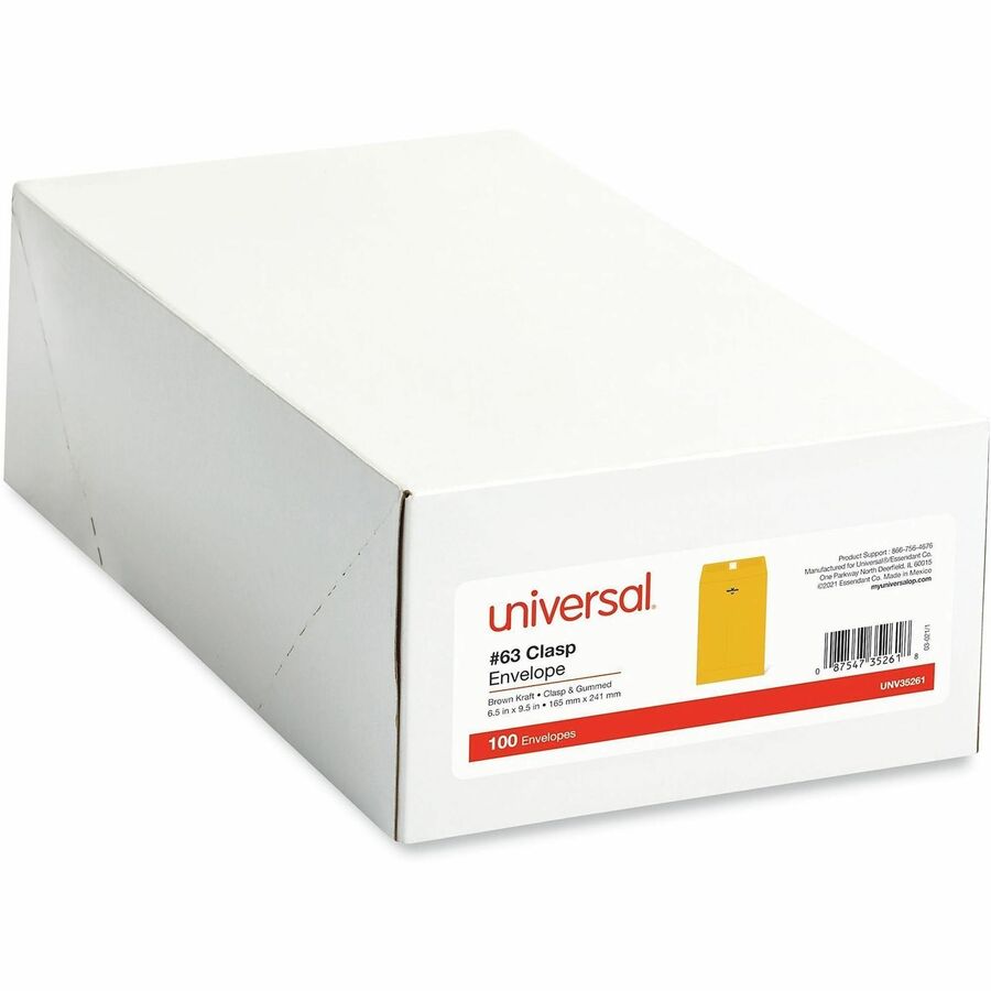 Universal Envelope - Clasp - #63 - 9 1/2" Width x 6 1/2" Length - 28 lb - Clasp/Gummed Flap - Brown Kraft - Kraft Paper - 100 / Box