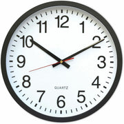 Universal Wall Clock, Analog, Quartz Movement, Black Plastic Case, Glass Face, Red Hands, 11.5" Face Diameter, 12.6" Overall Diameter, Requires 1 AA Battery (Not Included), 1 Clock