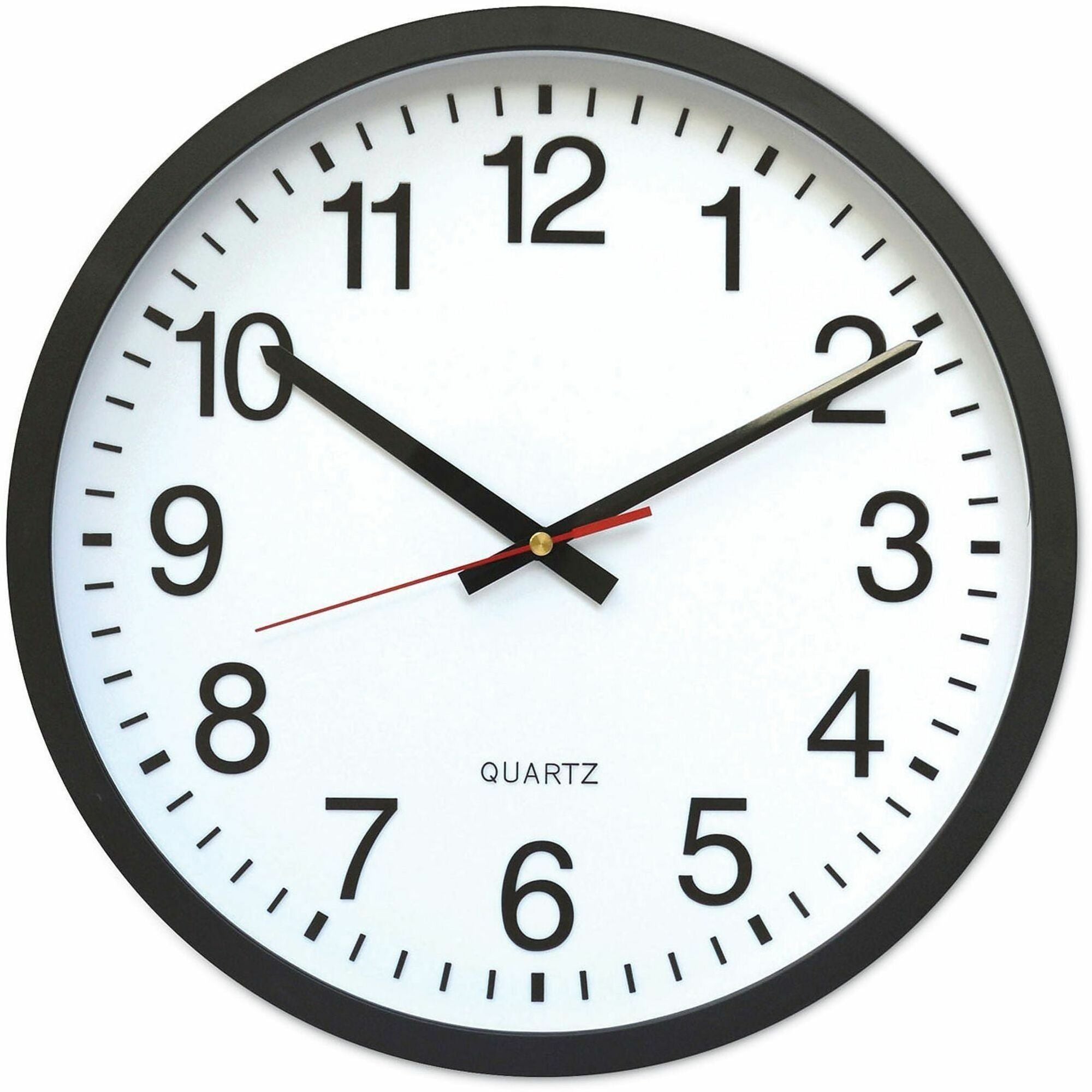 Universal Wall Clock, Analog, Quartz Movement, Black Plastic Case, Glass Face, Red Hands, 11.5" Face Diameter, 12.6" Overall Diameter, Requires 1 AA Battery (Not Included), 1 Clock
