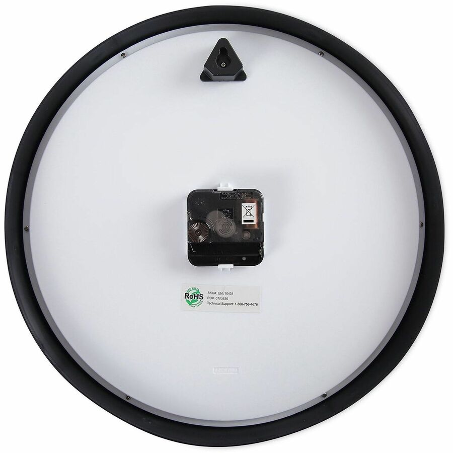 Universal Wall Clock, Analog, Quartz Movement, Black Plastic Case, Glass Face, Red Hands, 11.5" Face Diameter, 12.6" Overall Diameter, Requires 1 AA Battery (Not Included), 1 Clock