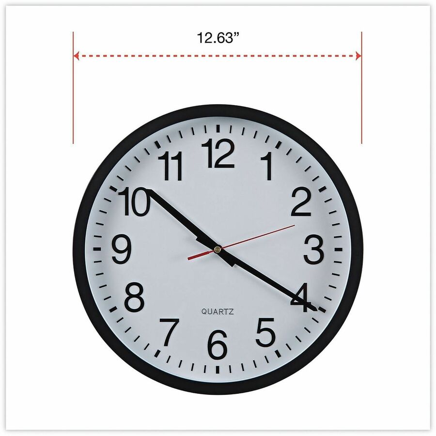 Universal Wall Clock, Analog, Quartz Movement, Black Plastic Case, Glass Face, Red Hands, 11.5" Face Diameter, 12.6" Overall Diameter, Requires 1 AA Battery (Not Included), 1 Clock