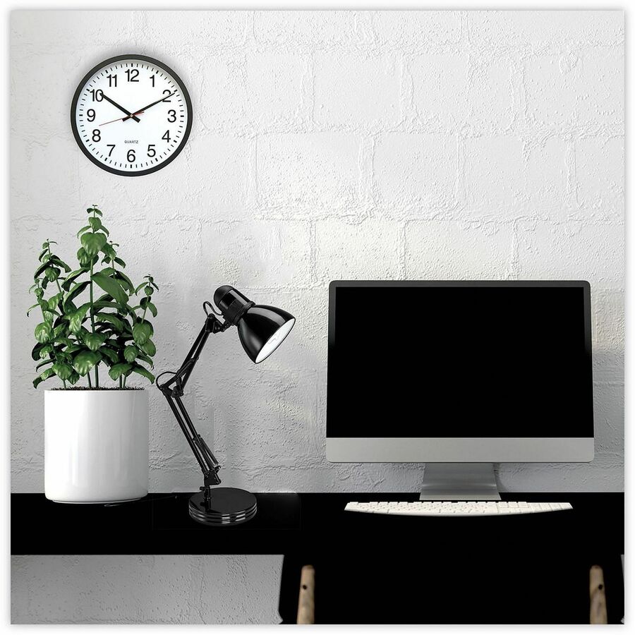 Universal Wall Clock, Analog, Quartz Movement, Black Plastic Case, Glass Face, Red Hands, 11.5" Face Diameter, 12.6" Overall Diameter, Requires 1 AA Battery (Not Included), 1 Clock