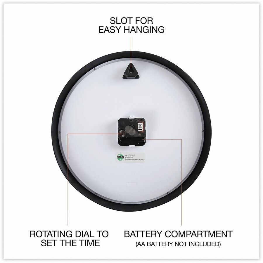 Universal Wall Clock, Analog, Quartz Movement, Black Plastic Case, Glass Face, Red Hands, 11.5" Face Diameter, 12.6" Overall Diameter, Requires 1 AA Battery (Not Included), 1 Clock