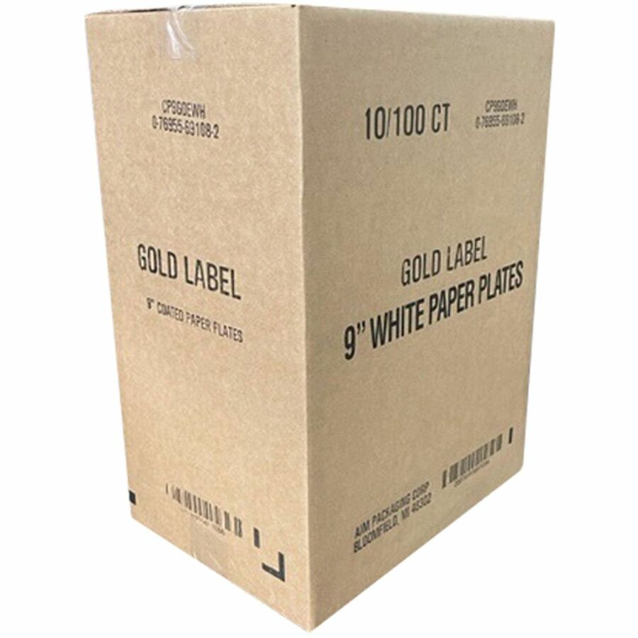 Gold Label 9" Dinnerware Paper Plates - Serving - Disposable - Microwave Safe - 9" Diameter - White - Paper Body - 100/Pack - 10 / Carton