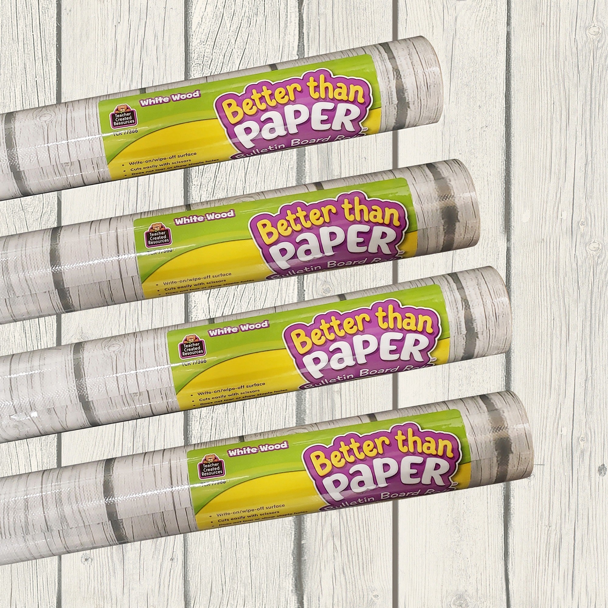 Better Than Paper® Bulletin Board Roll, 4' x 12', White Wood Design, 4 Rolls