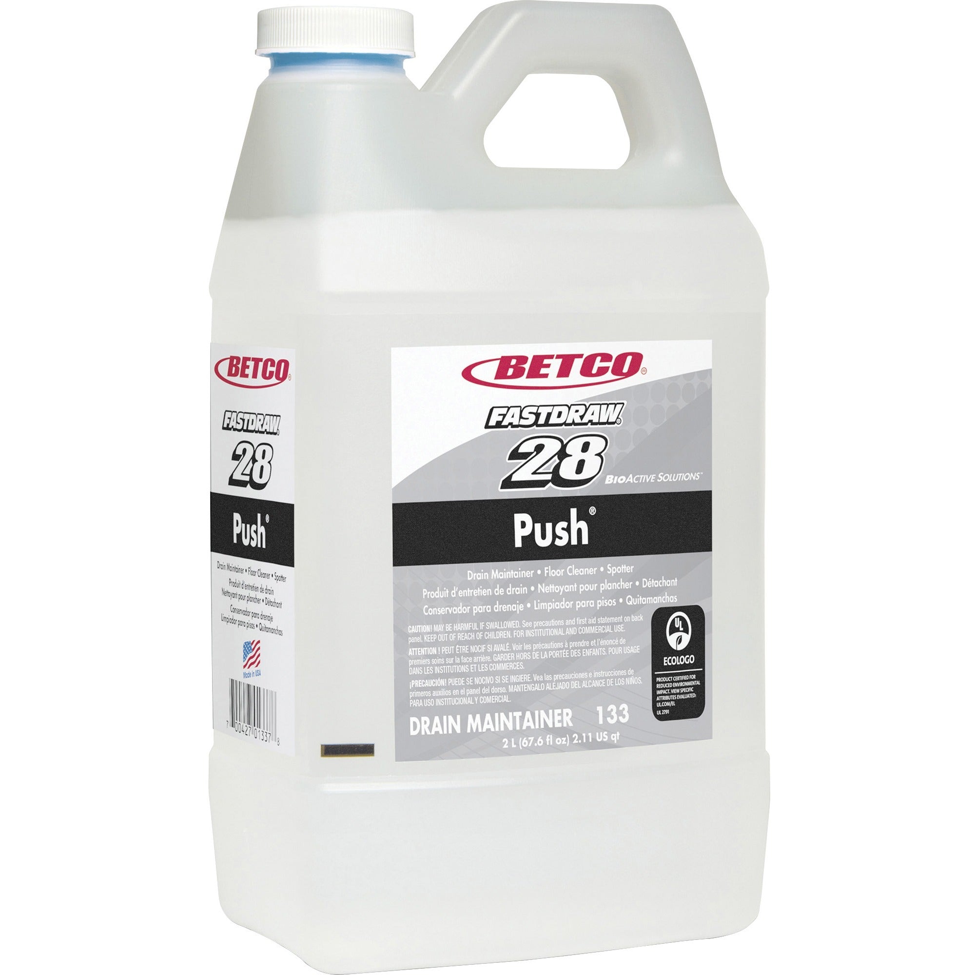 Betco BioActive Solutions FastDraw 28 Push Cleaner - Concentrate - 67.6 fl oz (2.1 quart) - New Green Scent - Non-flammable, Non-corrosive, Caustic-free, Spill Proof - Milky White - 1 Each