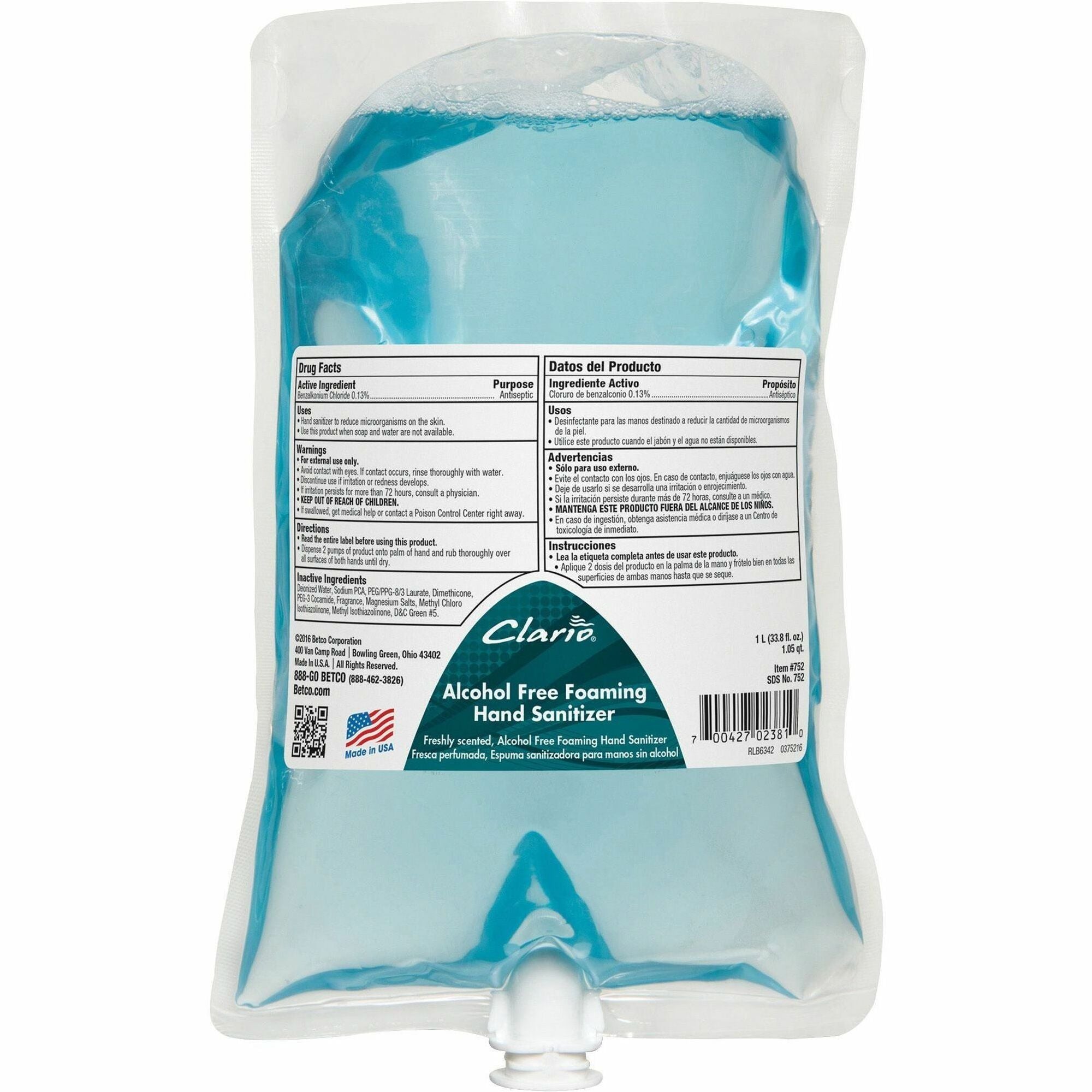 Betco Clario Hand Sanitizer Foam Refill - Fresh Neutral Scent - 1.06 quart - Bacteria Remover, Kill Germs - Hand, Skin - Green - Pleasant Scent - 1 Each