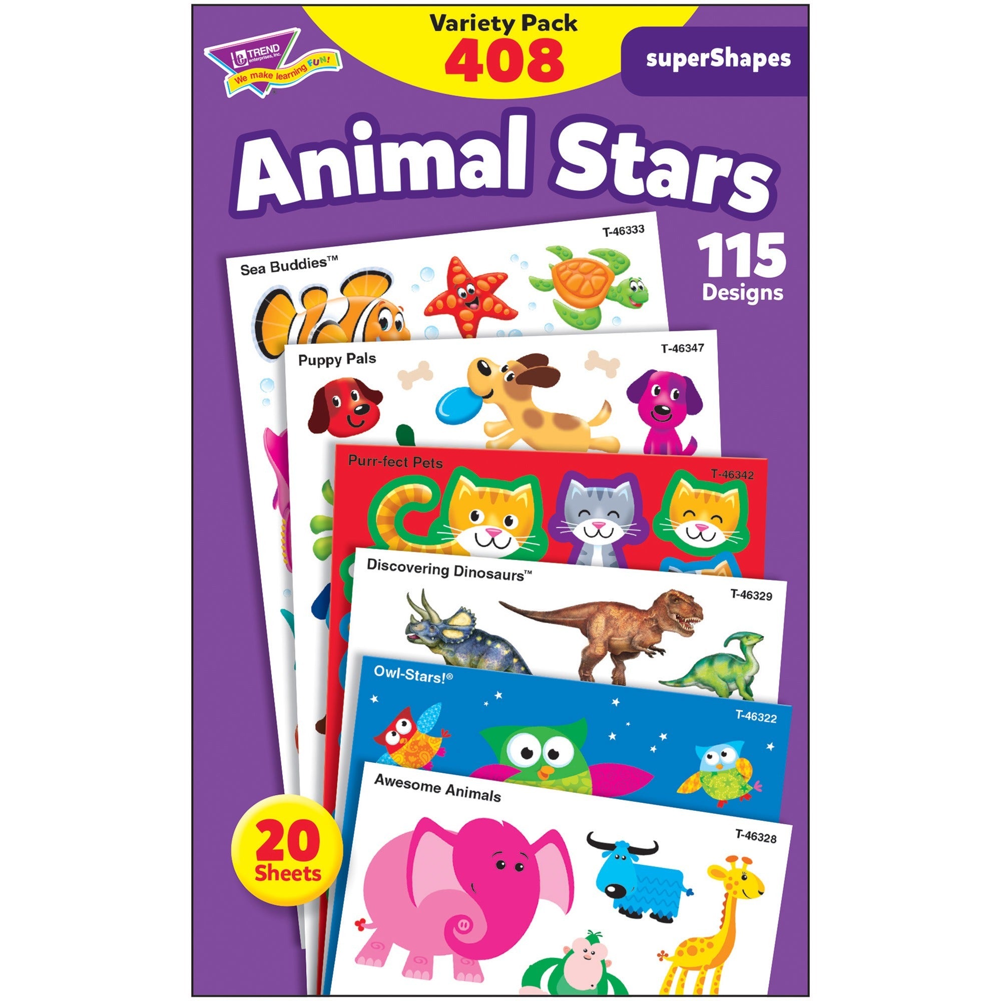 Trend Animal Fun Stickers Variety Pack - Fun, Animal Theme/Subject - Sea Buddies, Owl-Stars, Puppy Pals Shape - Photo-safe, Non-toxic, Acid-free - 8" Height x 4.13" Width x 6.62" Length - Multicolor - 1 Pack