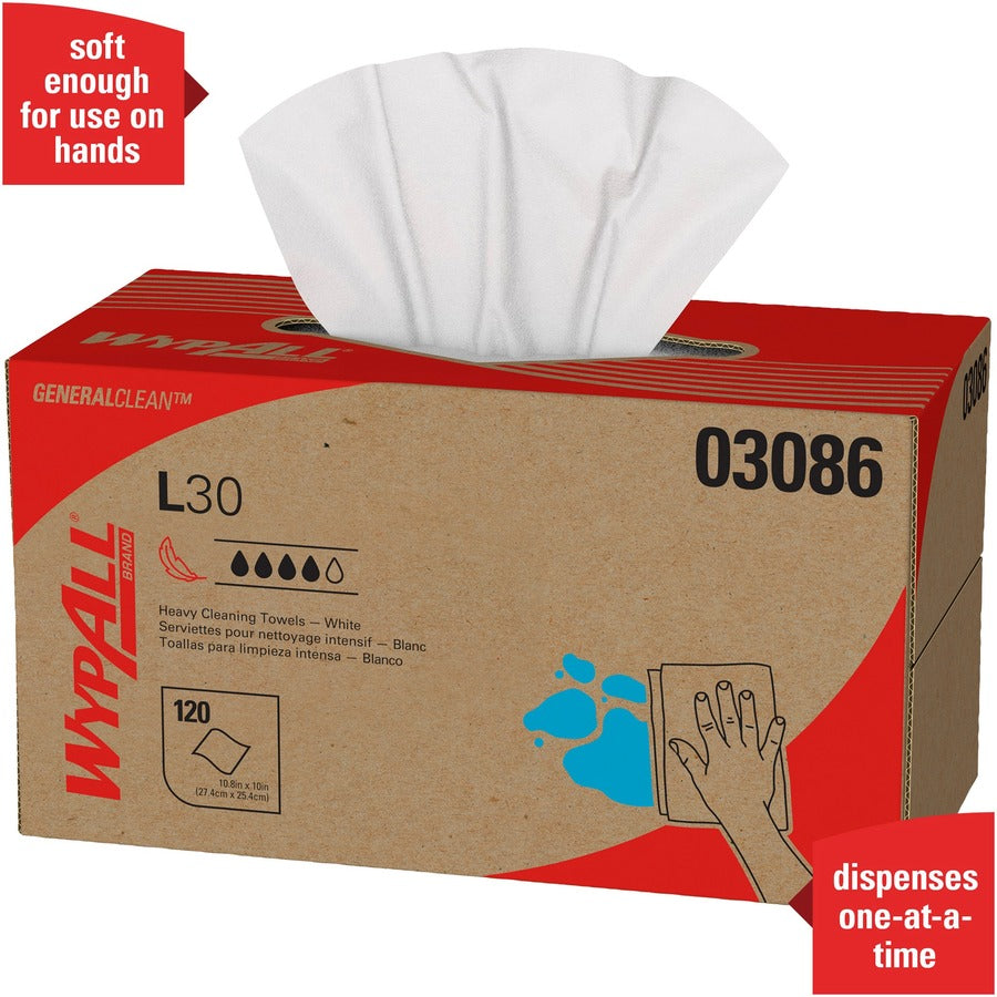 Wypall General Clean L30 Heavy Cleaning Towels - 10" Width x 9.80" Length - White - 120/Box - 1 Carton