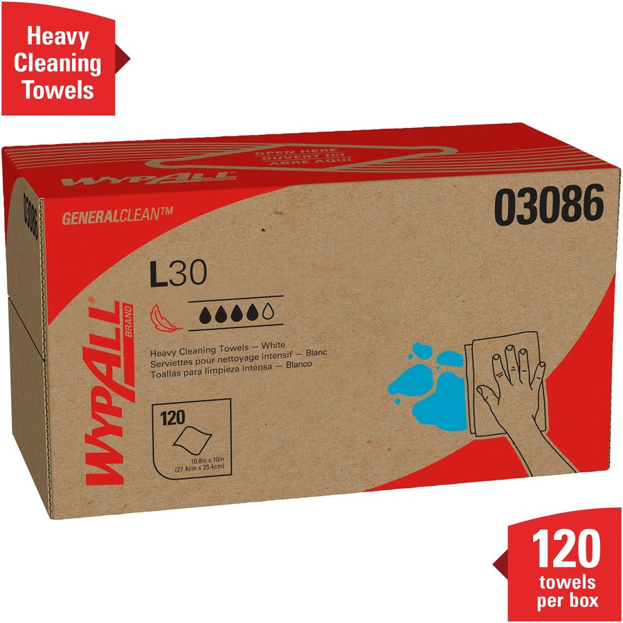 Wypall General Clean L30 Heavy Cleaning Towels - 10" Width x 9.80" Length - White - 120/Box - 1 Carton