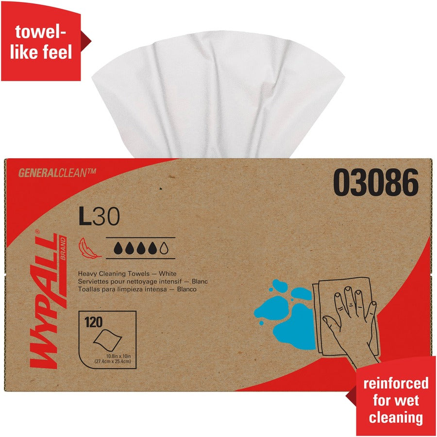 Wypall General Clean L30 Heavy Cleaning Towels - 10" Width x 9.80" Length - White - 120/Box - 1 Carton