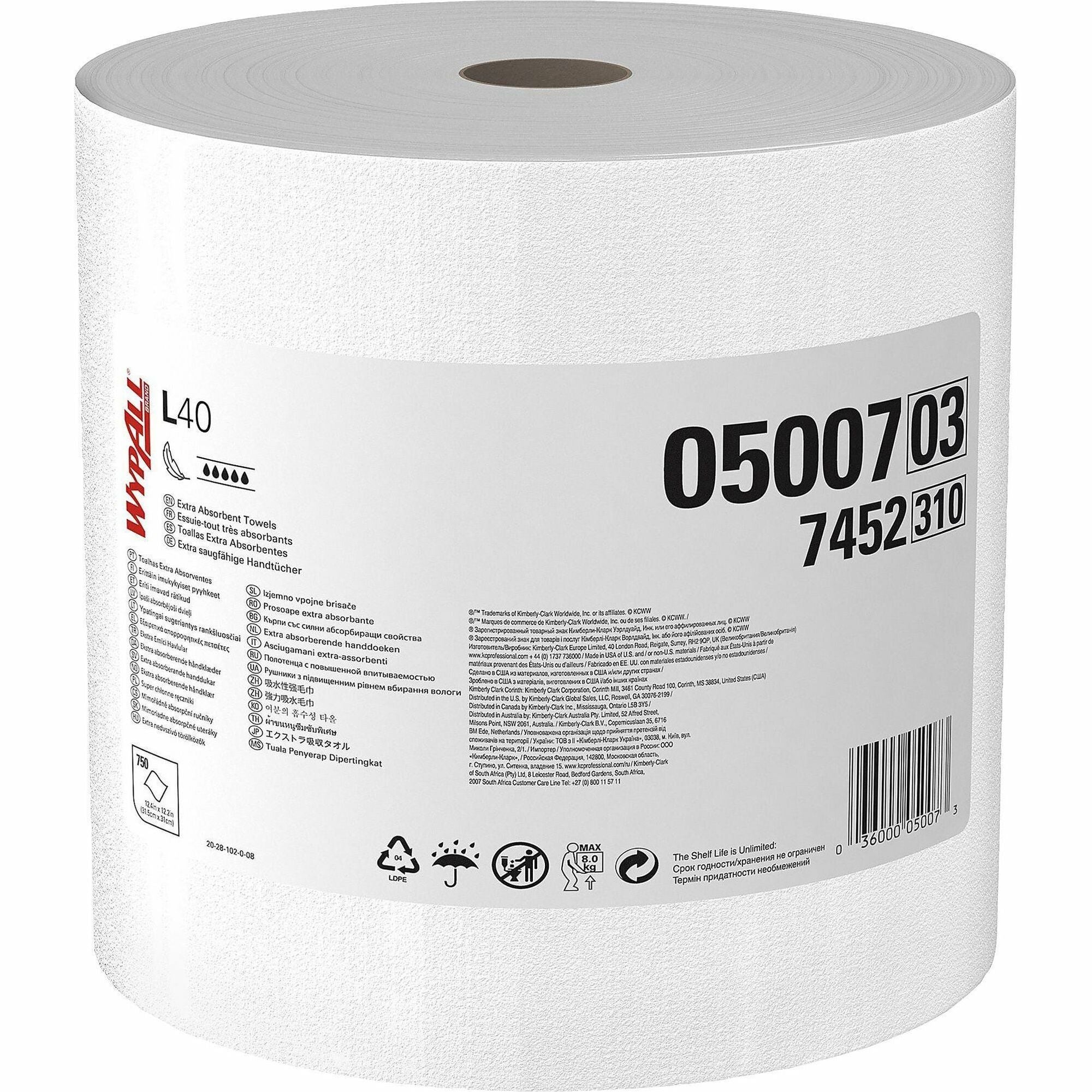 Wypall PowerClean L40 Extra Absorbent Towels - 12.20" Width x 12.40" Length - 750 Sheets/Roll - White, Blue - Cellulose - 1 Roll