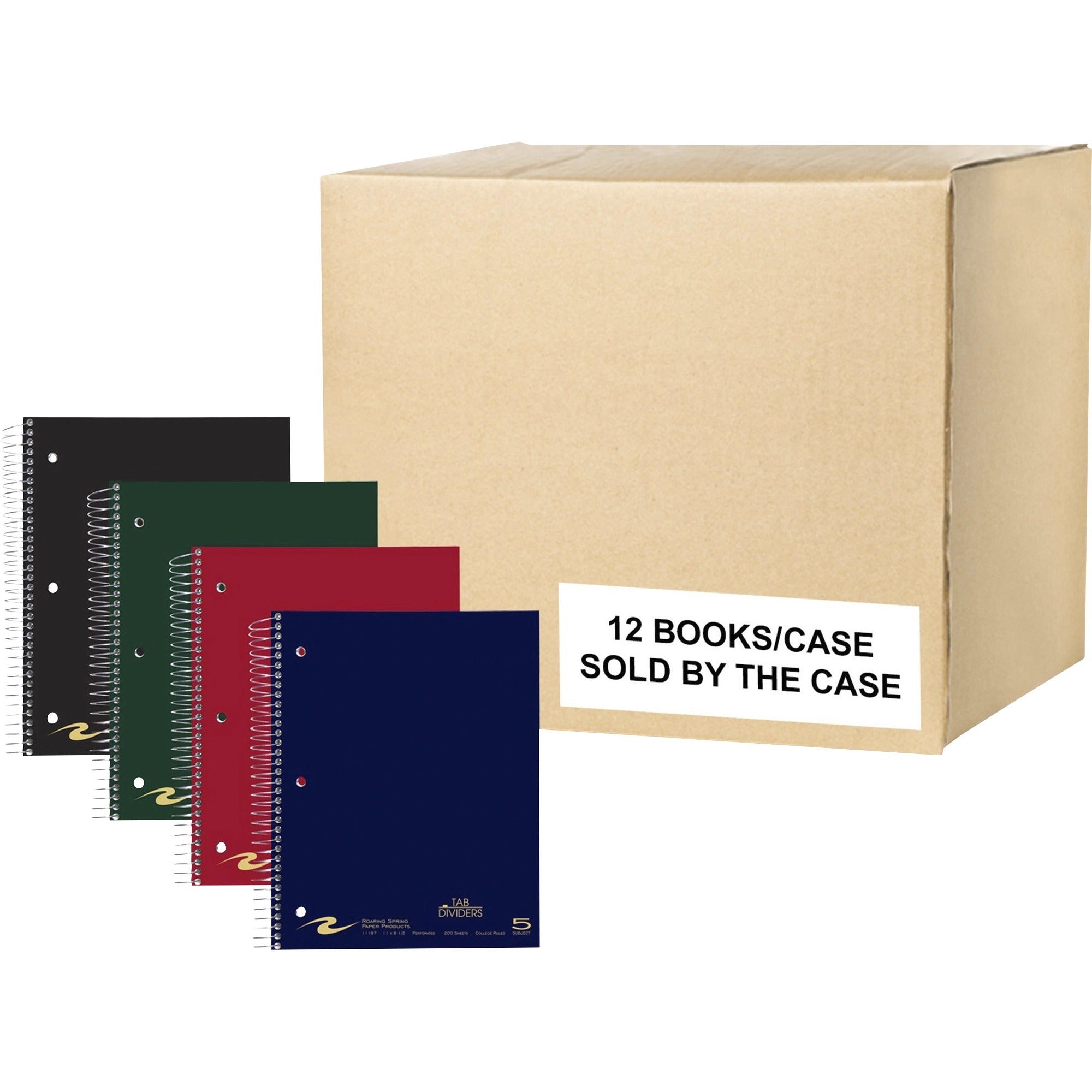 Roaring Spring Premium College Ruled Five Subject Spiral Notebook, 200 Sheets, 400 Pages, 11" x 8.5", Spiral Bound, 3-Hole Punched, Assorted Covers, 1 Carton