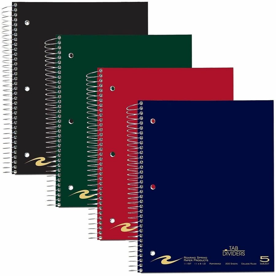 Roaring Spring Premium College Ruled Five Subject Spiral Notebook, 200 Sheets, 400 Pages, 11" x 8.5", Spiral Bound, 3-Hole Punched, Assorted Covers, 1 Carton