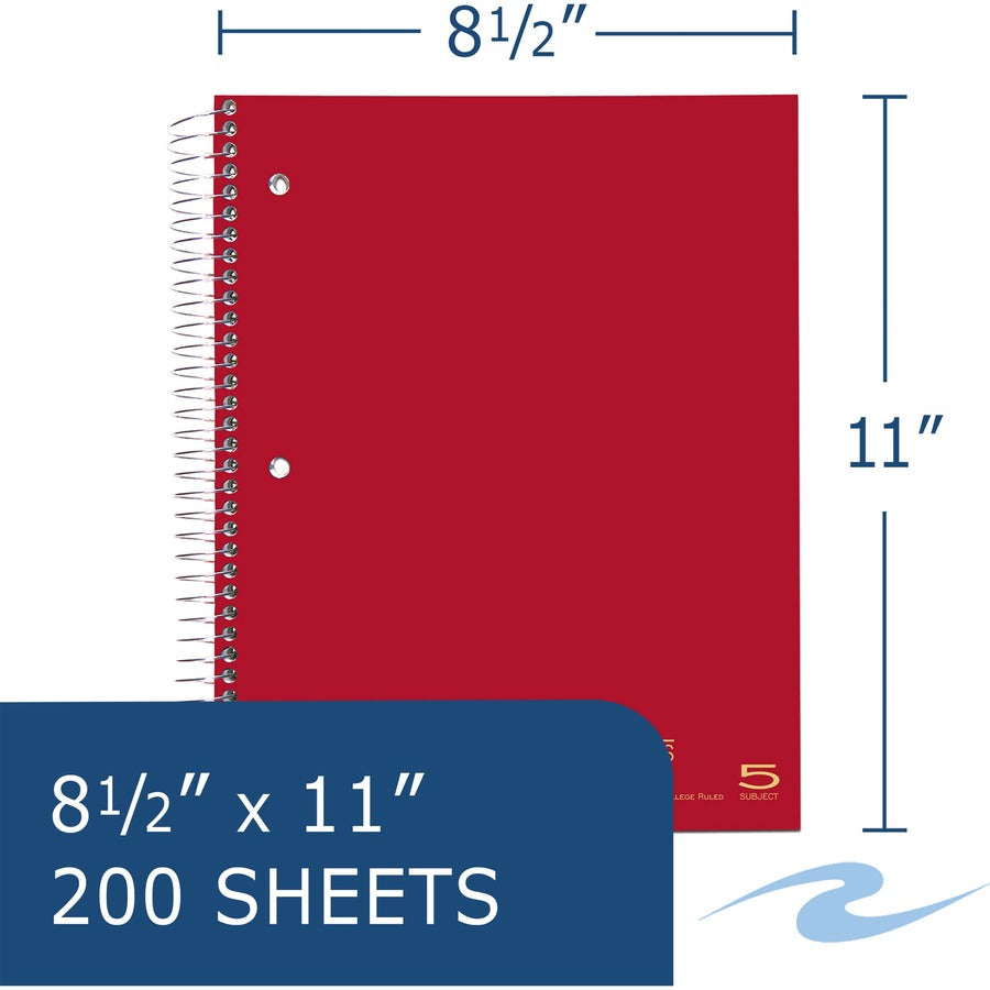 Roaring Spring Premium College Ruled Five Subject Spiral Notebook, 200 Sheets, 400 Pages, 11" x 8.5", Spiral Bound, 3-Hole Punched, Assorted Covers, 1 Carton