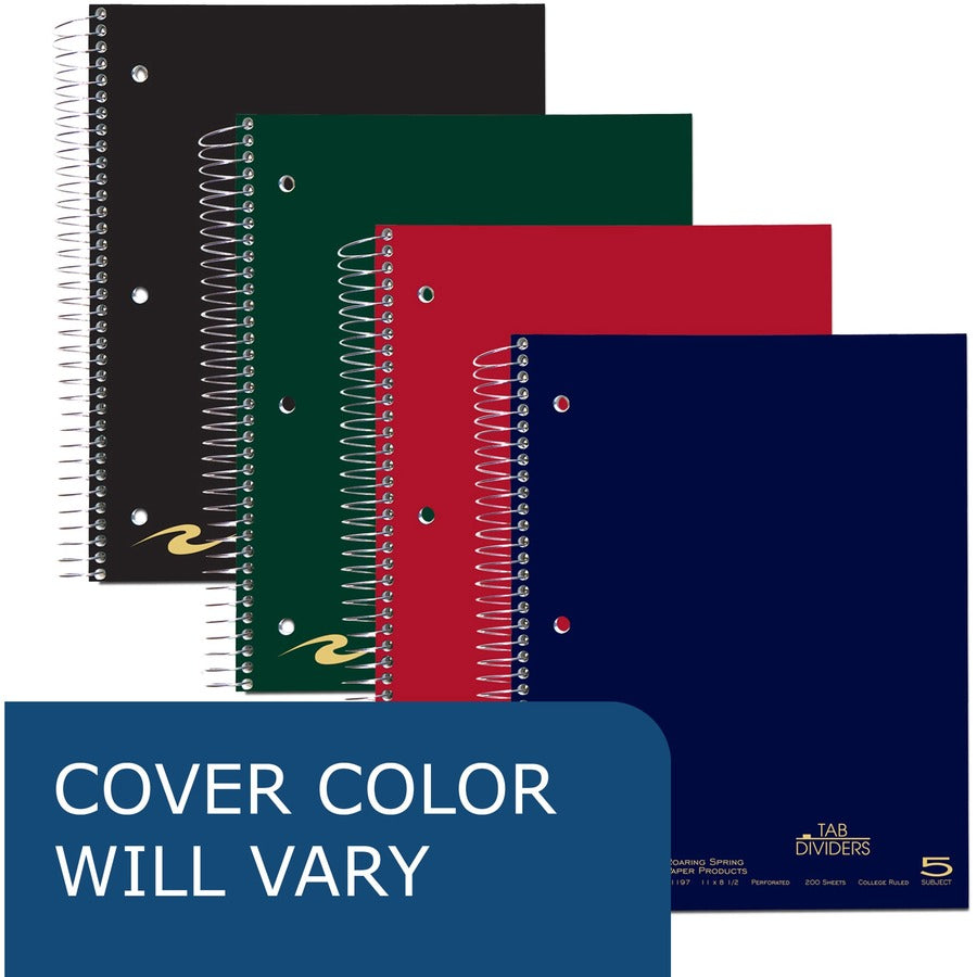 Roaring Spring Premium College Ruled Five Subject Spiral Notebook, 200 Sheets, 400 Pages, 11" x 8.5", Spiral Bound, 3-Hole Punched, Assorted Covers, 1 Carton