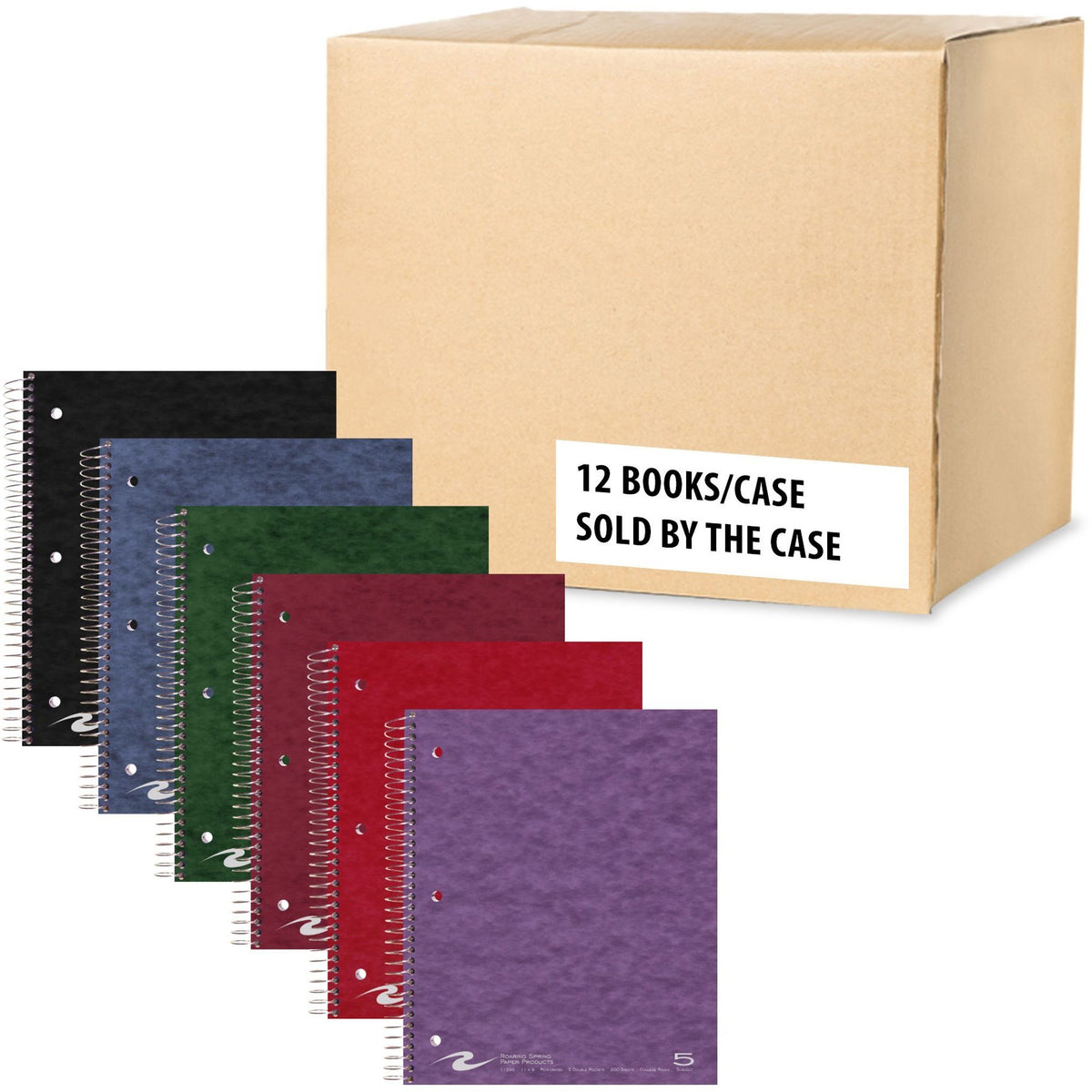 Roaring Spring Premium College Ruled Five Subject Spiral Notebook, 200 Sheets, 400 Pages, 11" x 9", Spiral Bound, 3-Hole Punched, Assorted Pressboard Covers, 1 Carton