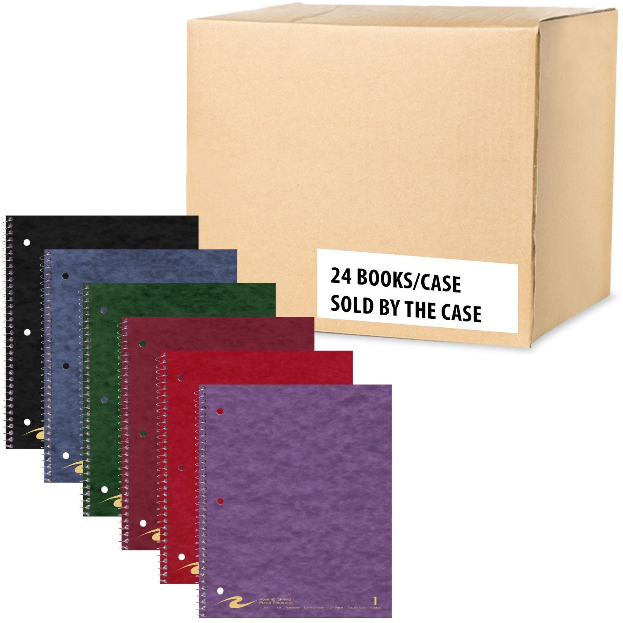 Roaring Spring College Ruled One Subject Spiral Notebook, 100 Sheets, 200 Pages, 11" x 9", Spiral Bound, 3-Hole Punched, Assorted Covers, 1 Carton