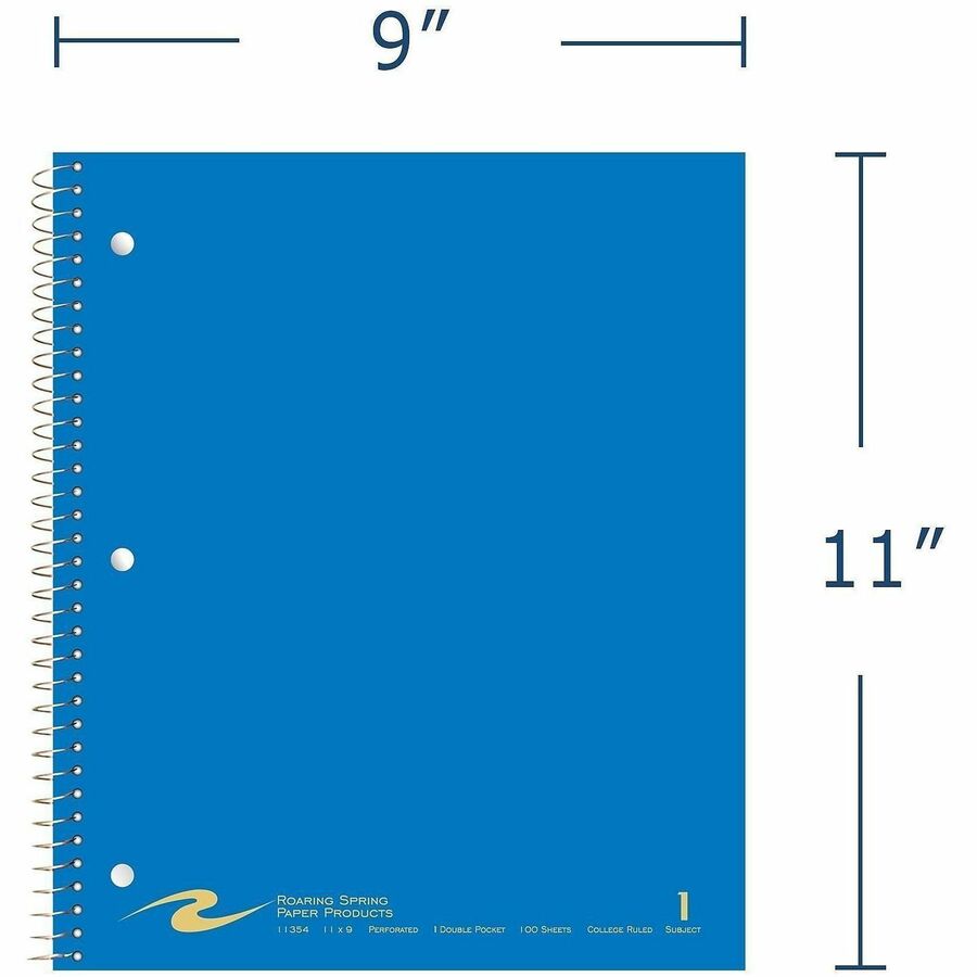 Roaring Spring College Ruled One Subject Spiral Notebook, 100 Sheets, 200 Pages, 11" x 9", Spiral Bound, 3-Hole Punched, Assorted Covers, 1 Carton