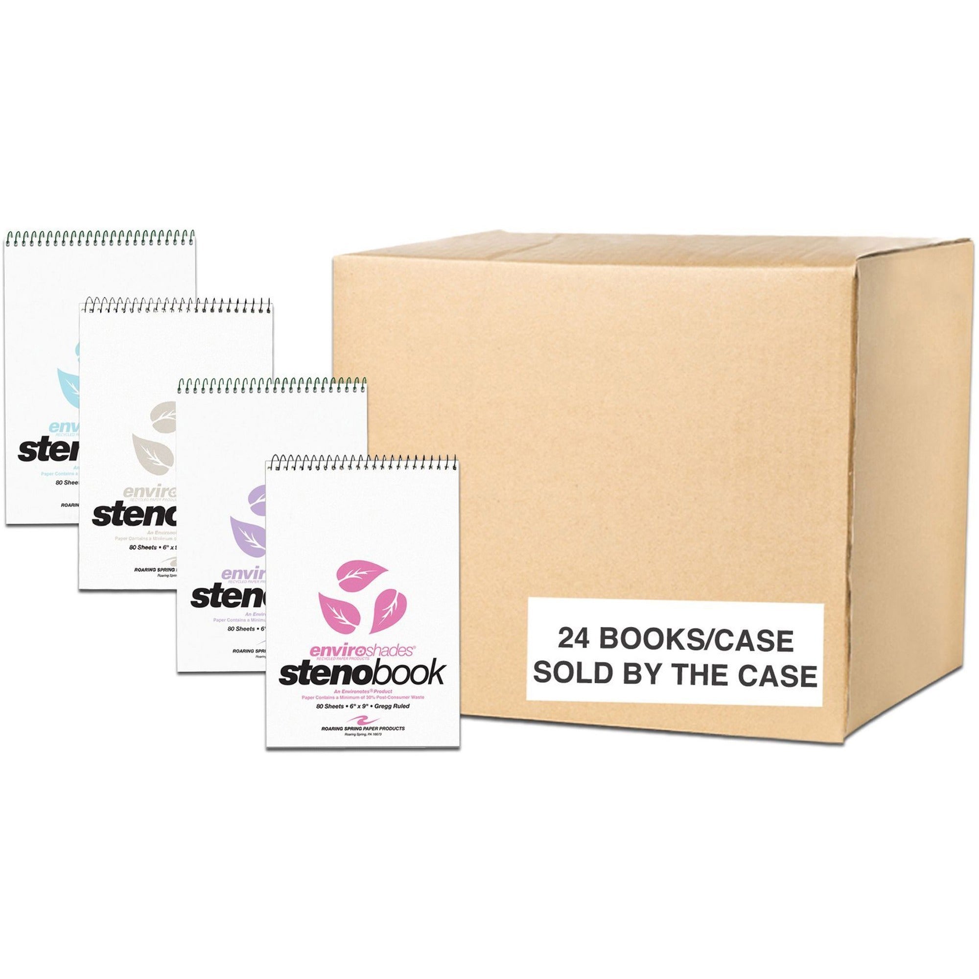 Roaring Spring Enviroshades Recycled Spiral Steno Memo Book, 80 Sheets, 160 Pages, 9" x 6", Gregg Ruled, Blue/Pink/Orchid/Green Paper, Spiral Bound, Heavy-Duty Chipboard Cover, 1 Carton