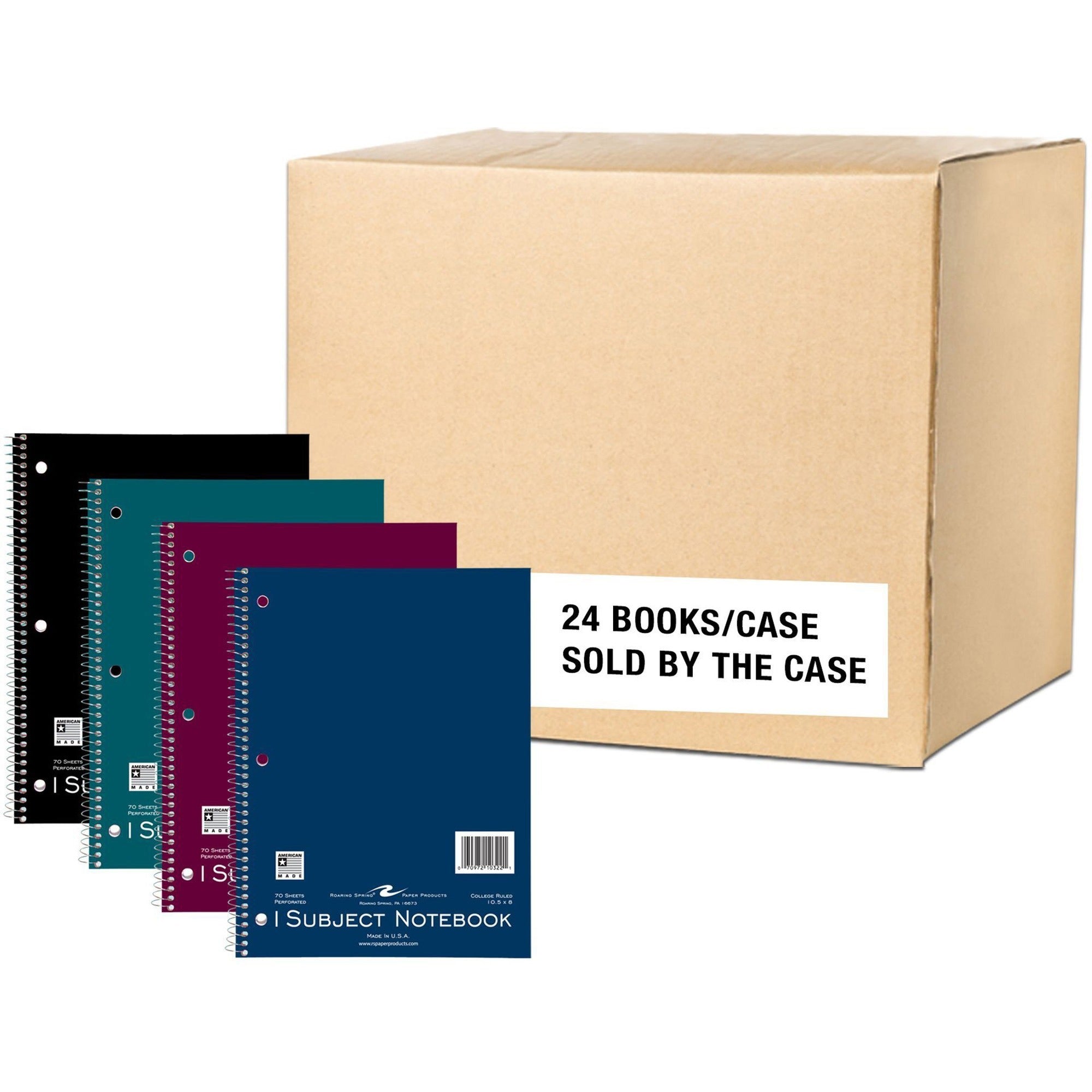 Roaring Spring College Ruled One Subject Spiral Notebook, 70 Sheets, 140 Pages, 10.5" x 8", 3-Hole Punched, Assorted Board Covers, 24 Notebooks per Carton