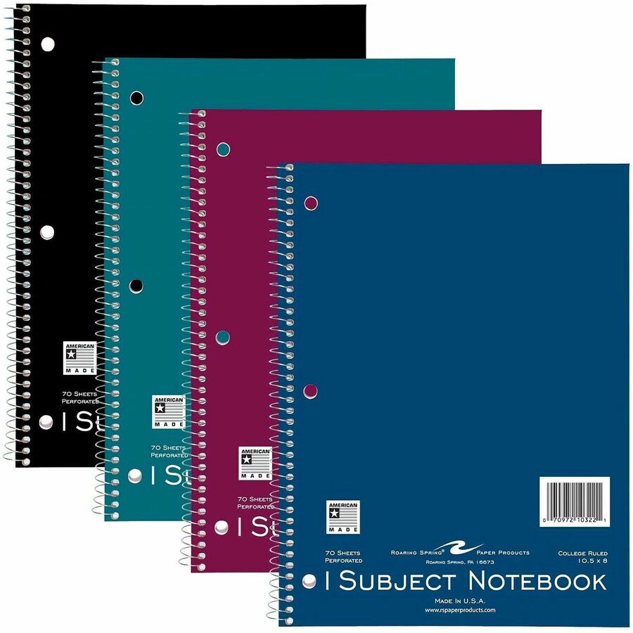 Roaring Spring College Ruled One Subject Spiral Notebook, 70 Sheets, 140 Pages, 10.5" x 8", 3-Hole Punched, Assorted Board Covers, 24 Notebooks per Carton