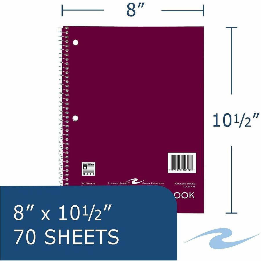 Roaring Spring College Ruled One Subject Spiral Notebook, 70 Sheets, 140 Pages, 10.5" x 8", 3-Hole Punched, Assorted Board Covers, 24 Notebooks per Carton