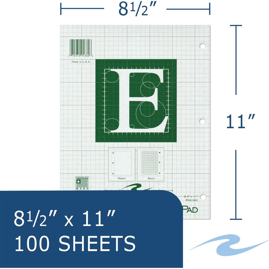 Roaring Spring 5x5 Grid Engineering Pad, 11" x 8.5", Green, 100 Sheets, 200 Pages, 3-Hole Punched, Glued Top, Chipboard Cover, 24 Pads per Carton