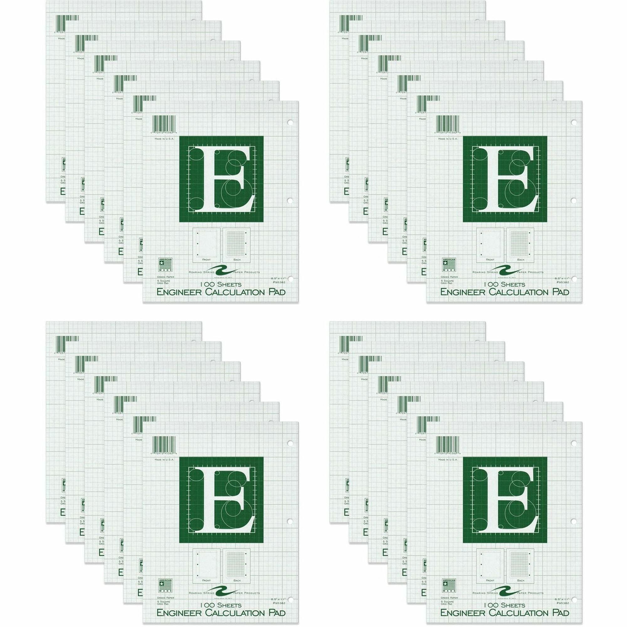 Roaring Spring 5x5 Grid Engineering Pad, 11" x 8.5", Green, 100 Sheets, 200 Pages, 3-Hole Punched, Glued Top, Chipboard Cover, 24 Pads per Carton