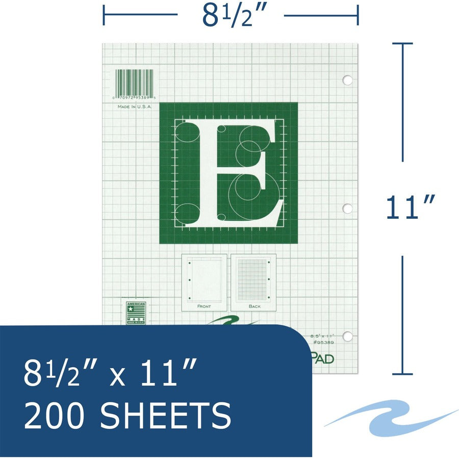 Roaring Spring 5x5 Grid Engineering Pad, 11" x 8.5", Green, 200 Sheets, 400 Pages, 3-Hole Punched, Glued Top, Chipboard Cover, 24 Pads per Carton