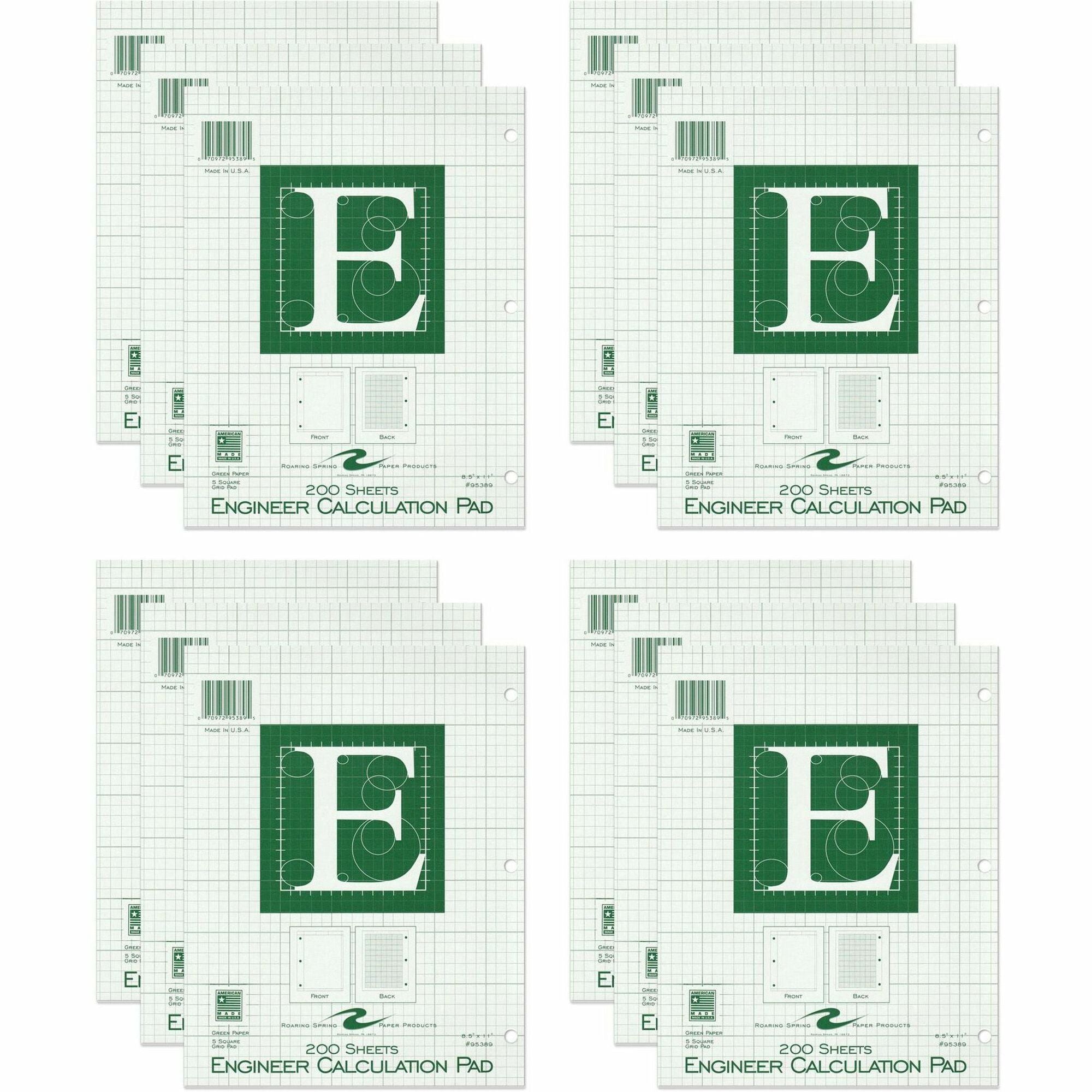 Roaring Spring 5x5 Grid Engineering Pad, 11" x 8.5", Green, 200 Sheets, 400 Pages, 3-Hole Punched, Glued Top, Chipboard Cover, 24 Pads per Carton