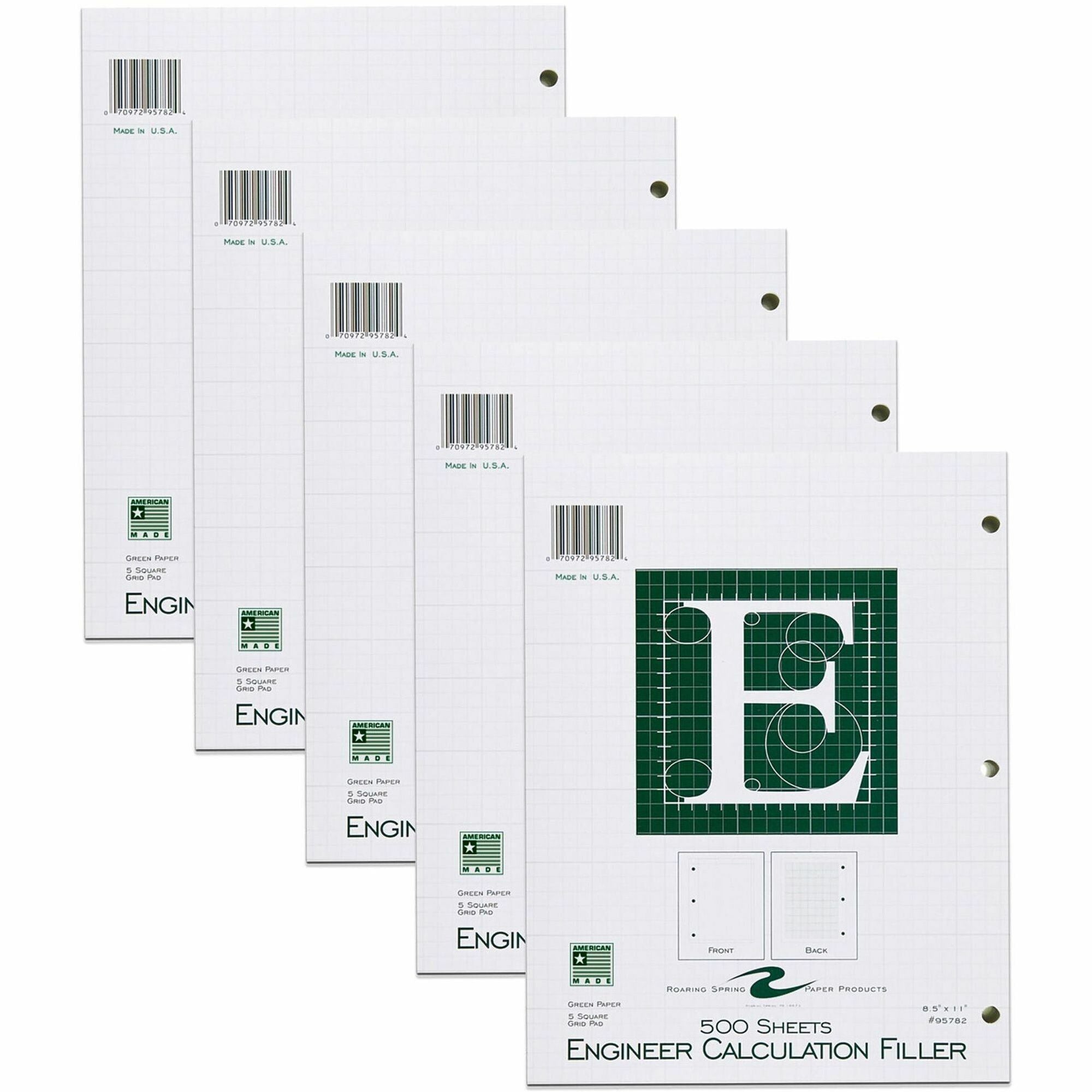 500 Sheets - 1000 Pages - Printed - Back Ruling Surface - 3 Hole(s) - 15 lb Basis Weight - 56 g/m² Grammage - 11" x 8 1/2" Sheet Size - 1.65" Height x 8.5" Width x 11" Length - Green Paper - 5 / Carton