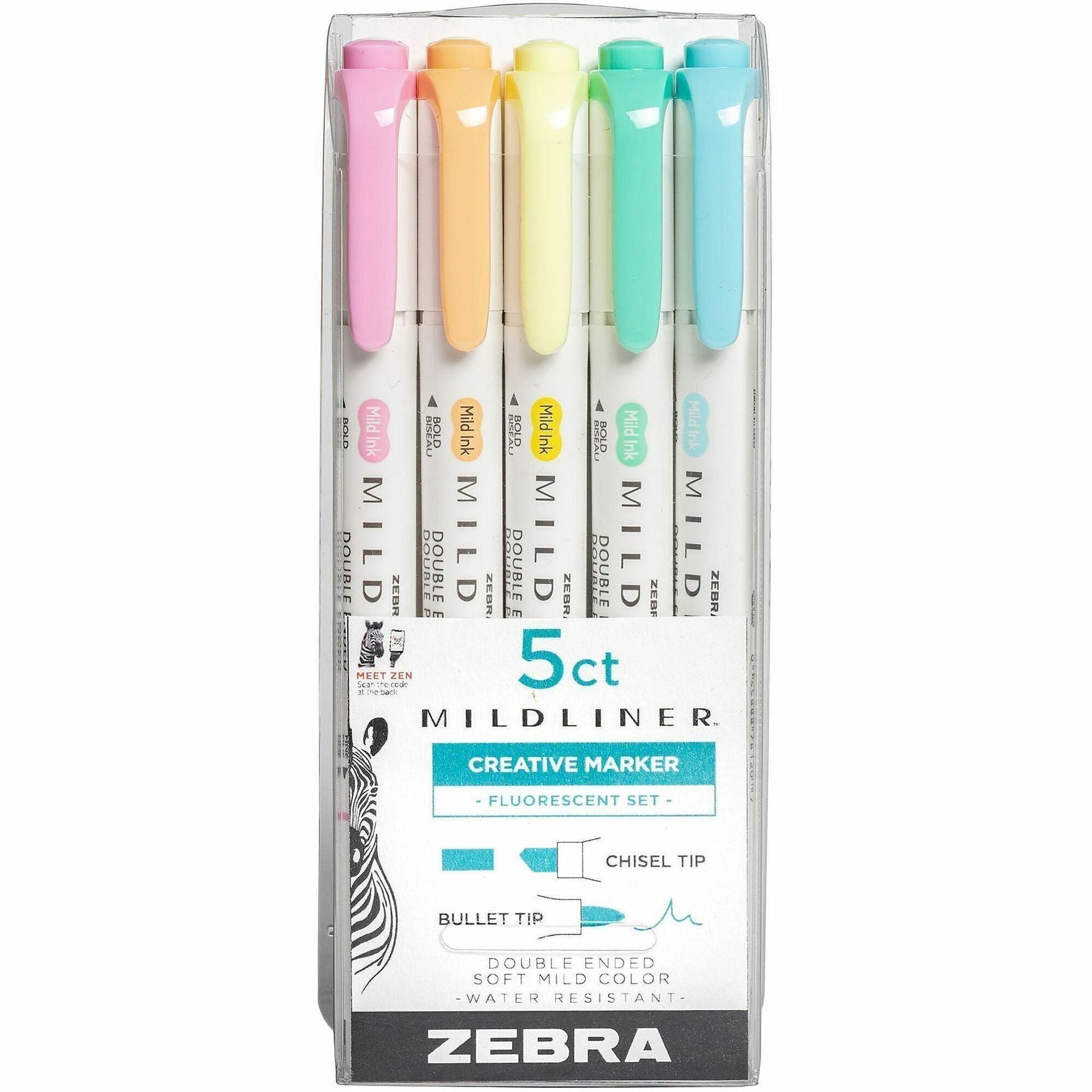 Broad Chisel, Fine Bullet Marker Point - Fluorescent Assorted Ink - White Barrel - 5 / Pack