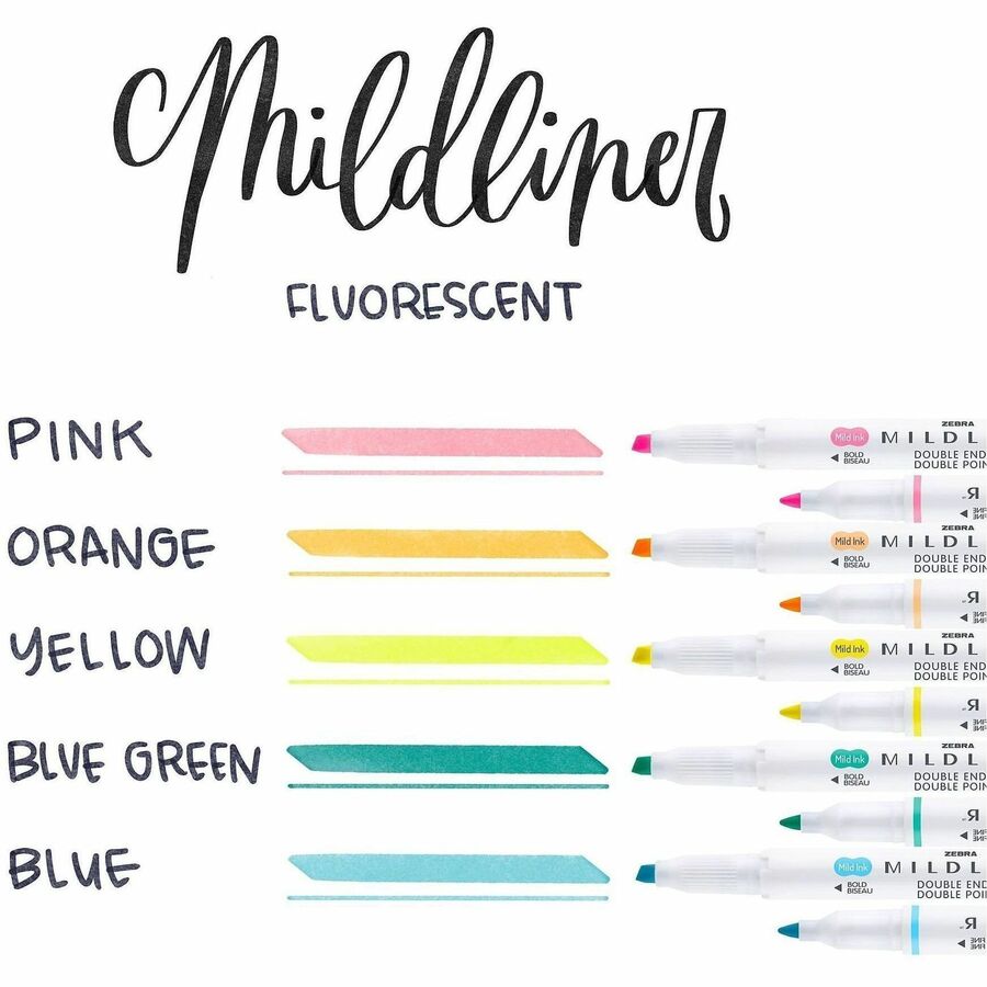 Broad Chisel, Fine Bullet Marker Point - Fluorescent Assorted Ink - White Barrel - 5 / Pack