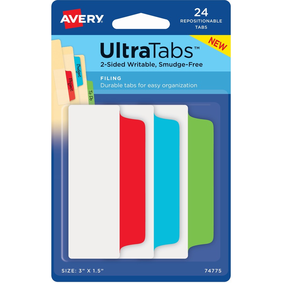 Avery&reg; Ultra Tabs File Tab - 1152 Tab(s) - 1.50" Tab Height x 3" Tab Width - Red Film, Clear Paper, Blue, Green Tab(s) - Double-sided, Writable, Reusable, Removable, PVC-free, Repositionable, Smudge Resistant, Sturdy, Durable - 1 Carton