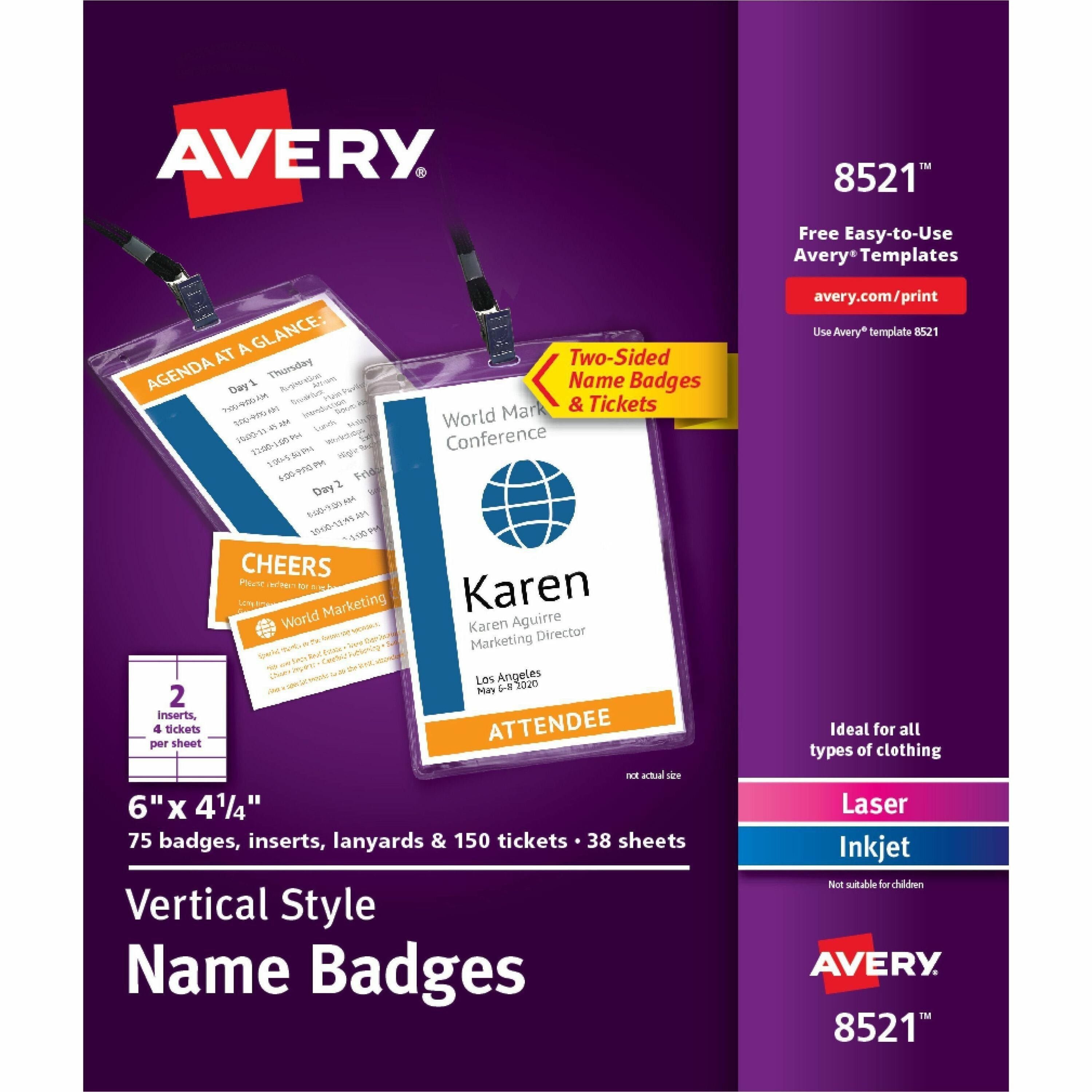 Avery&reg; Vertical Name Badges with Tickets Kit for Laser and Inkjet Printers, 4-1/4" x 6" - PVC Plastic - White - 1 Box