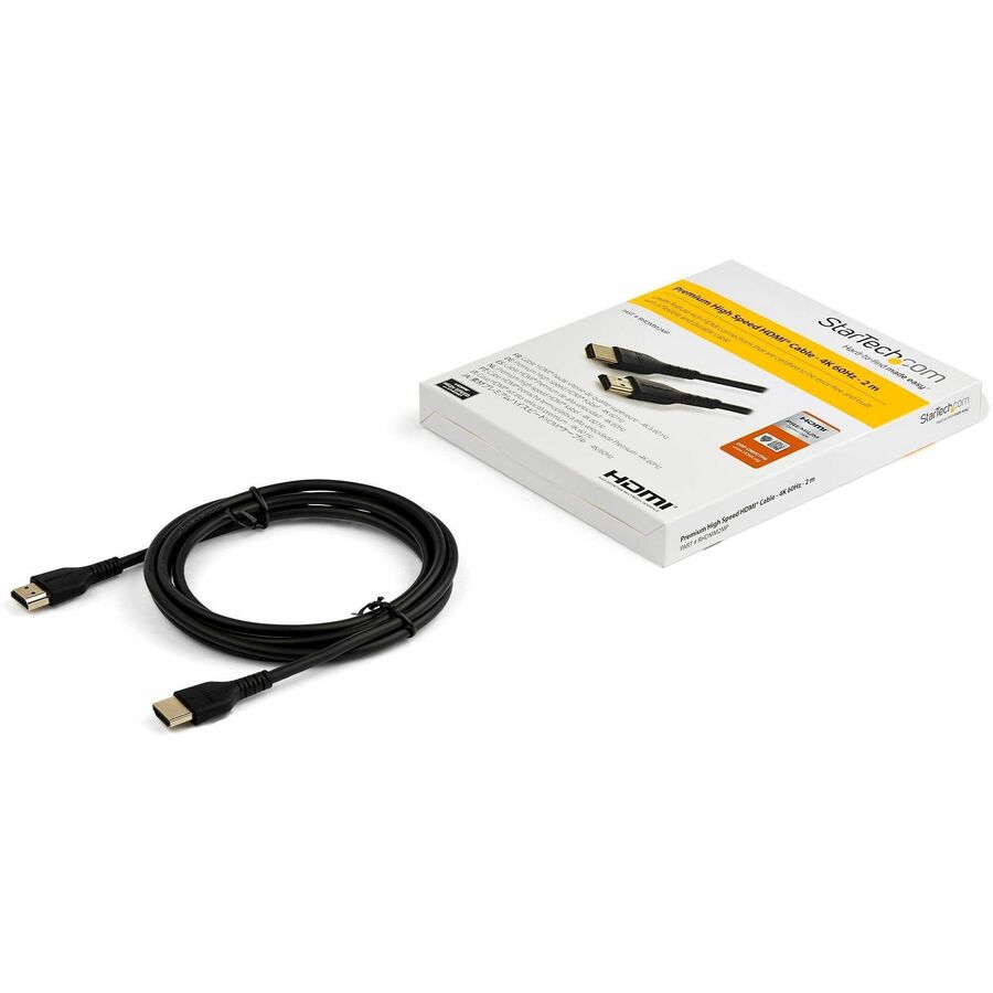 StarTech.com 2m (6.6 ft) Premium High Speed HDMI Cable with Ethernet, 4K 60Hz, Gold Plated Connectors, Shielded, Black, 1 Each