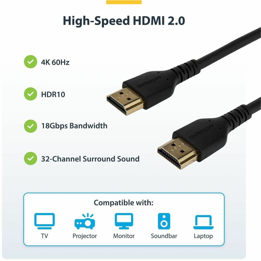 StarTech.com 1 m (3.3 ft) Premium High Speed HDMI Cable with Ethernet, 4K 60Hz, 18 Gbps, Gold Plated Connectors, Shielded, 30 AWG, Black, 1 Each