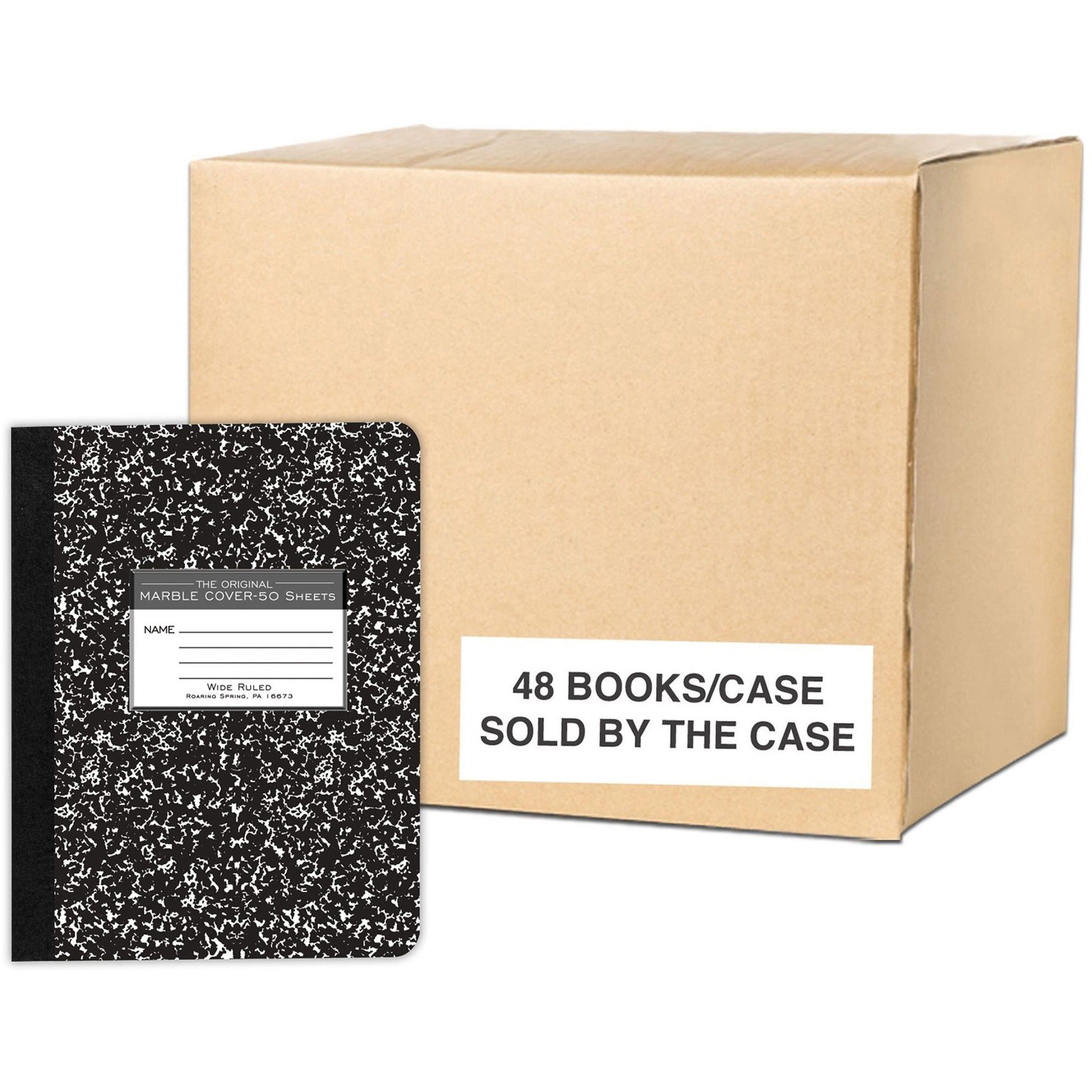 Roaring Spring Marble Comp Book, 50 Sheets, 100 Pages, Wide Ruled, 9 3/4" x 7 1/2", Black Marble Hardboard Cover, 48 per Carton