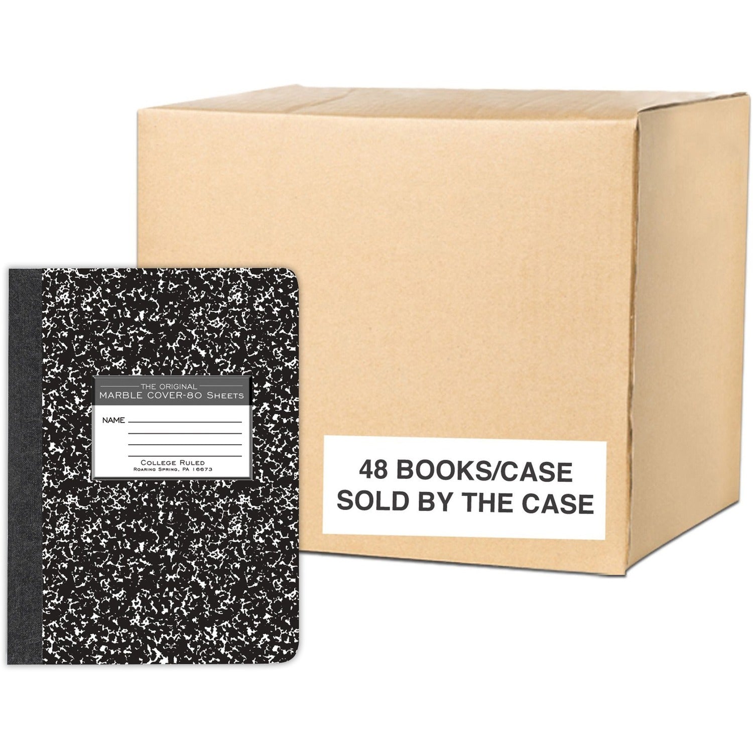 Roaring Spring Composition Book, 80 Sheets, 160 Pages, College Ruled, 9 3/4" x 7 1/2", Black Marble Hardboard Cover, 8 per Carton