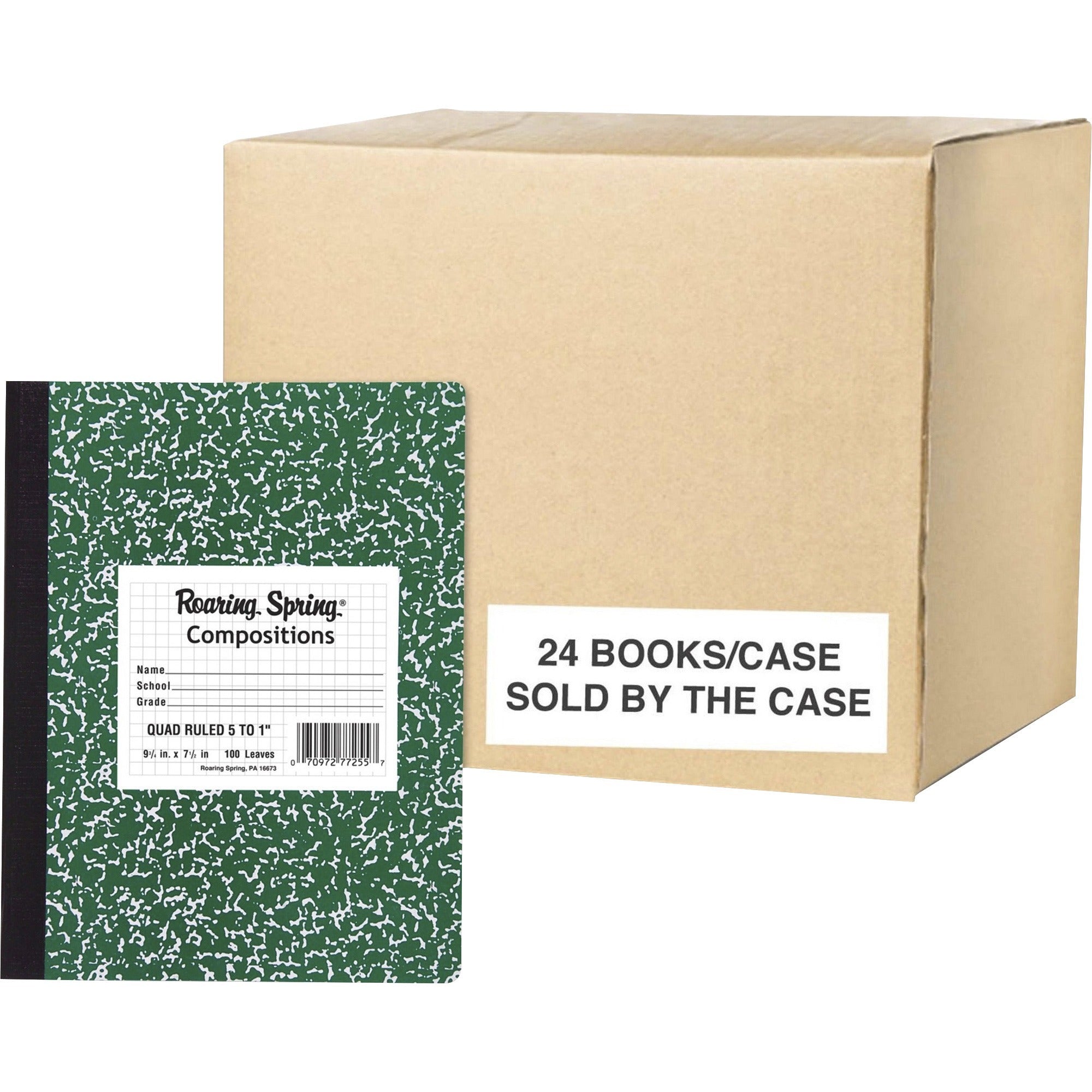 Roaring Spring Marble Comp Book, 100 Sheets, 200 Pages, Quad Ruled, 9 3/4" x 7 1/2", Green Marble Cover, Sewn/Tapebound, White Paper, 1 Carton