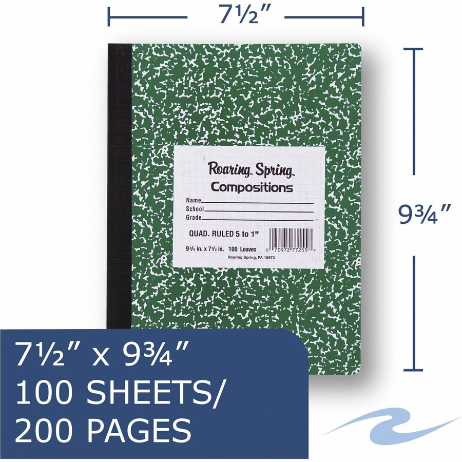 Roaring Spring Marble Comp Book, 100 Sheets, 200 Pages, Quad Ruled, 9 3/4" x 7 1/2", Green Marble Cover, Sewn/Tapebound, White Paper, 1 Carton