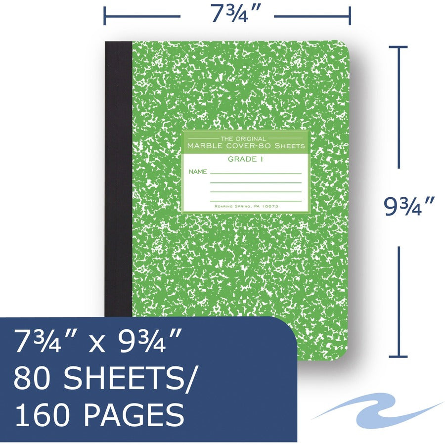 Roaring Spring Grade School Ruled Marble Hard Cover Composition Book, 80 Sheets, 160 Pages, 9-3/4" x 7-1/2", Green Marble Cover, 48 per Carton